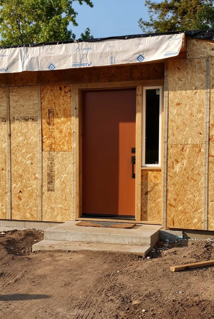 Mid century modern house exterior featuring burnt orange front door with copper address plaque on grey facade empty room