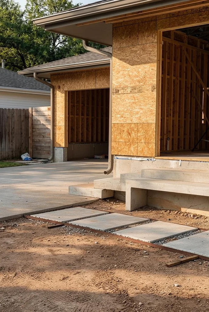 Mid century modern front yard landscaping featuring taupe curved planter with antique brass house numbers empty room