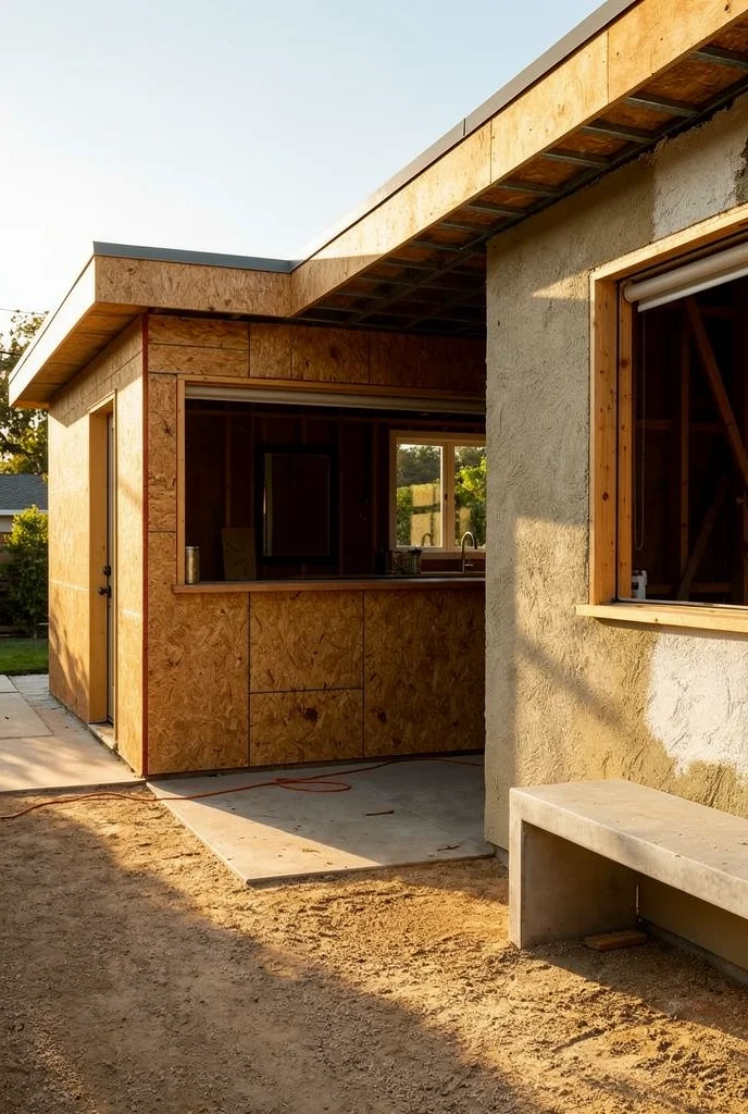 Mid century modern side garden featuring black scandinavian planter with bronze melampo wall light empty room