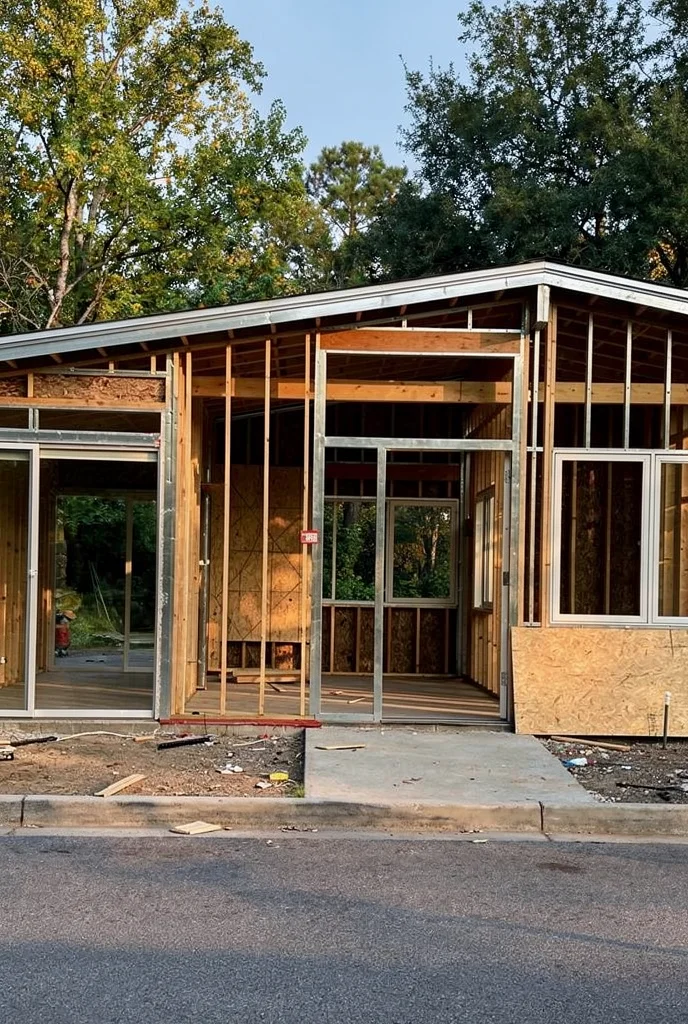Mid century modern house exterior featuring blow planter with le corbusier sconce and warm interior glow empty room