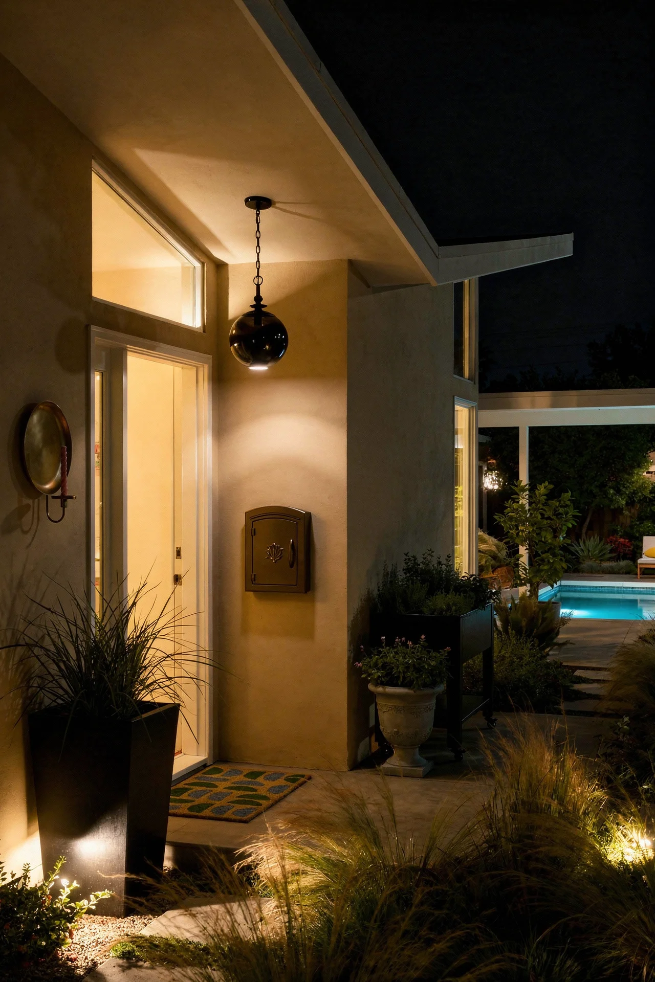 Mid century modern house exterior featuring brass wall sconce with black resin planter and butterfly roofline evening mood