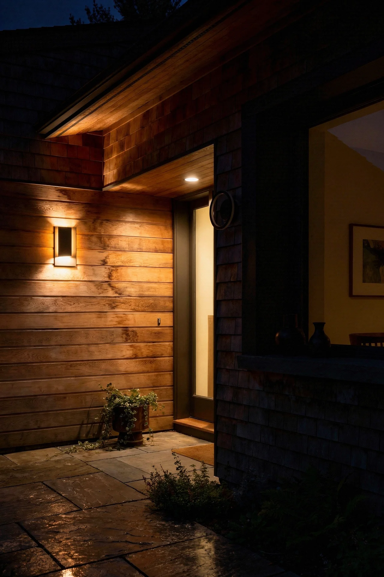 Mid century modern house exterior featuring cedar cladding with bronze reveal wall light and ceramic vase evening mood