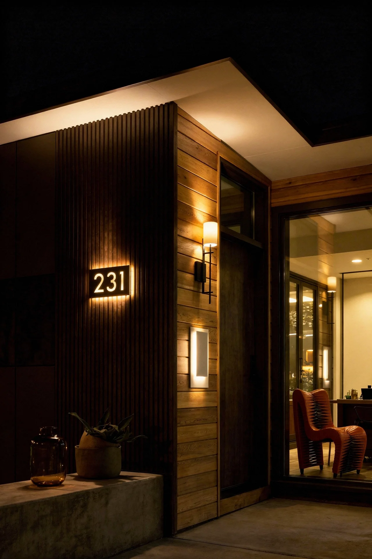 Mid century modern cladding detail featuring composite panel with aluminum reveal light and walnut chair evening mood