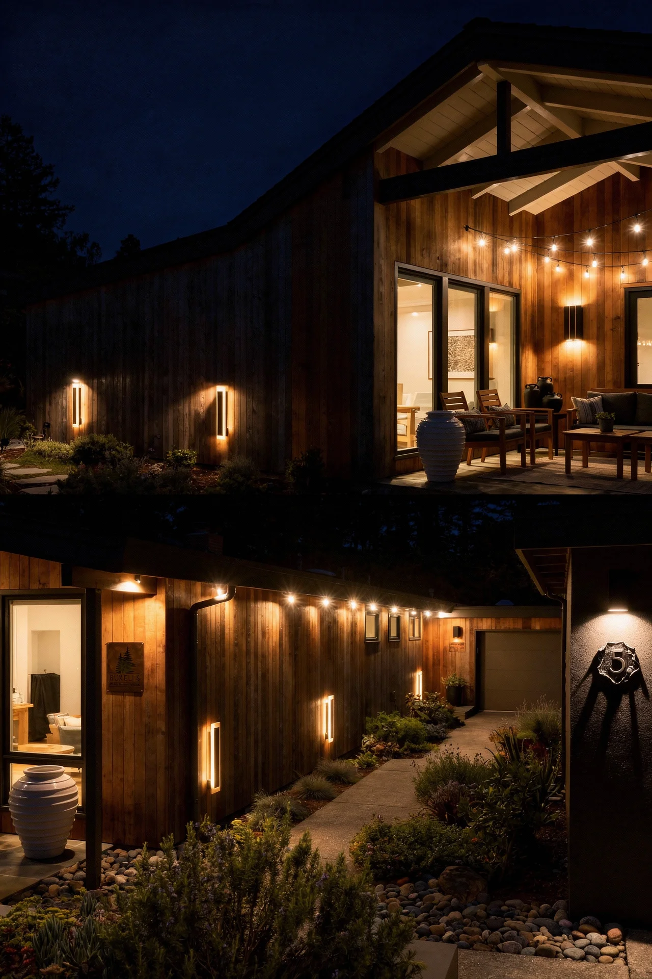 Mid century modern cedar facade featuring LED wall light with string lights and copper address sign evening mood