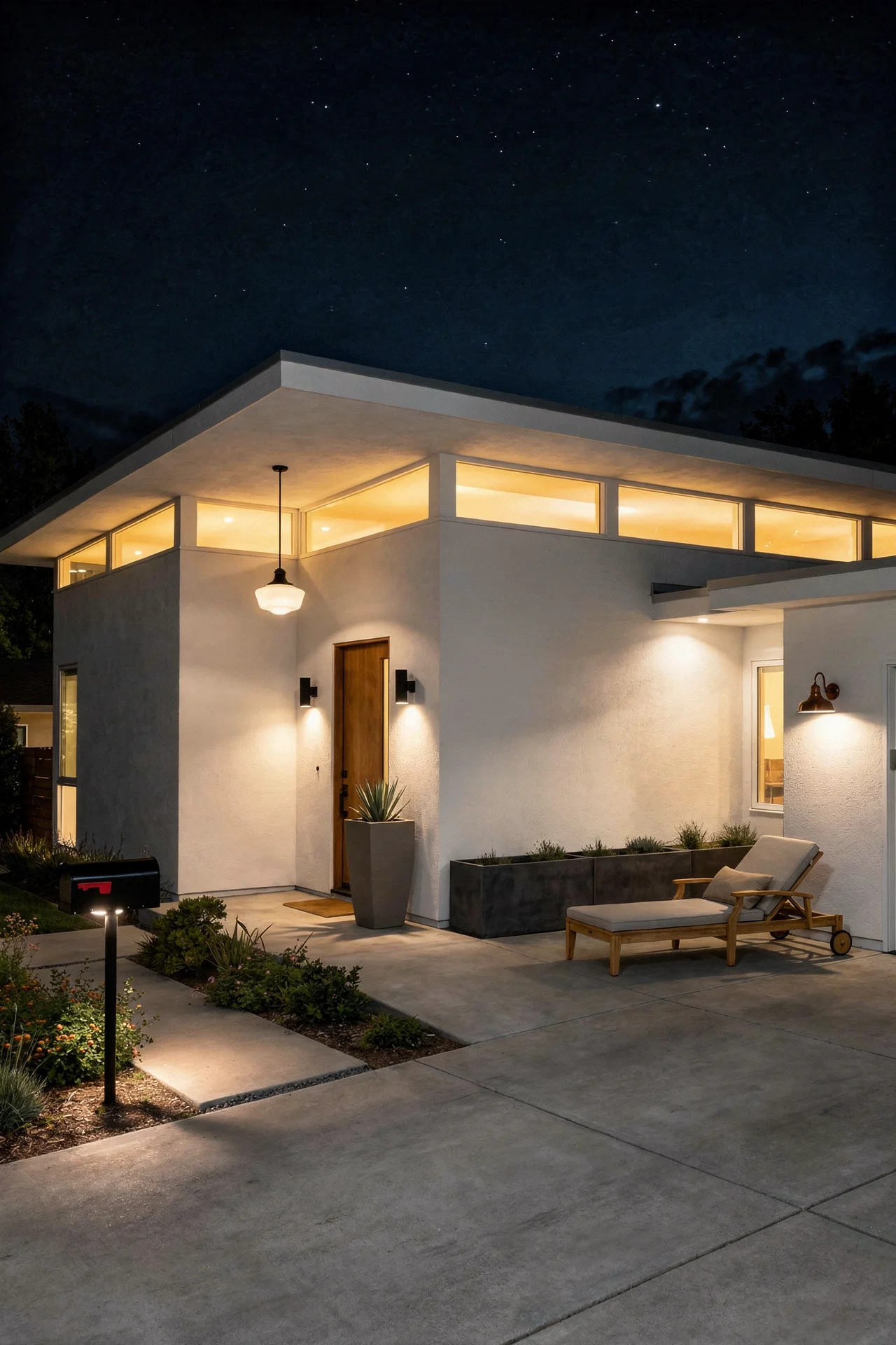 Mid century modern house exterior featuring glowing clerestory ribbon with teak chaise and milk glass pendant evening mood