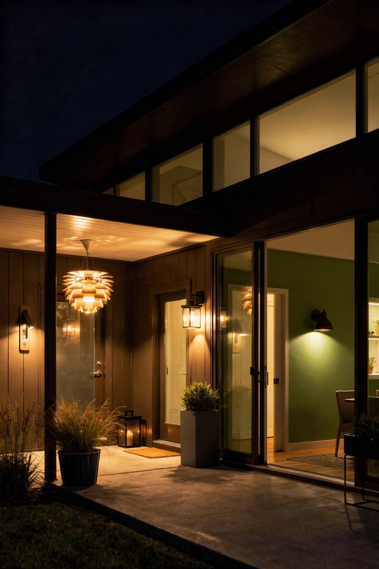 Mid century modern house exterior featuring clerestory band with bronze sconce and aluvia pendant on patio evening mood
