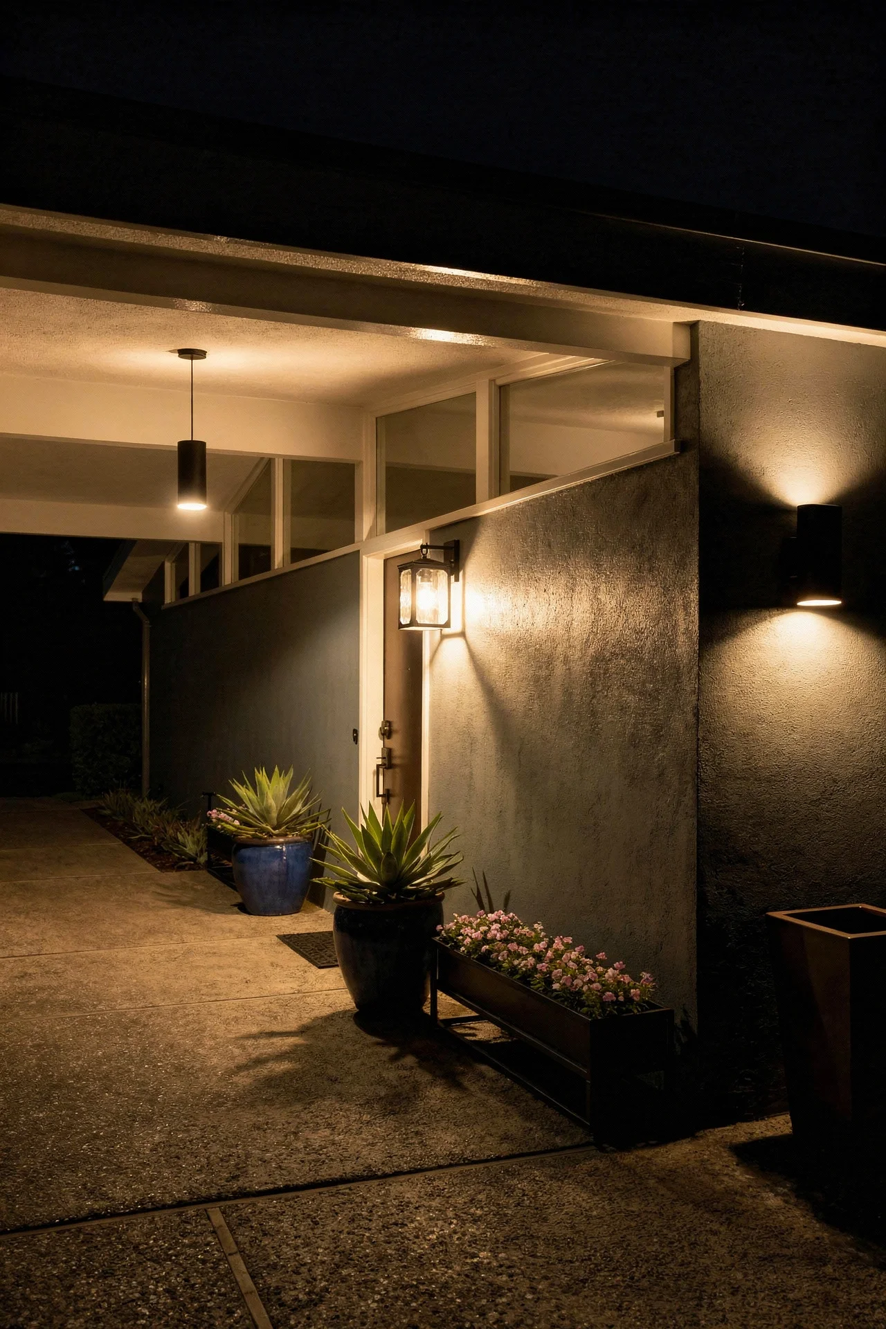 Mid century modern house exterior featuring clerestory windows with black LED pendant and blue ceramic planter evening mood