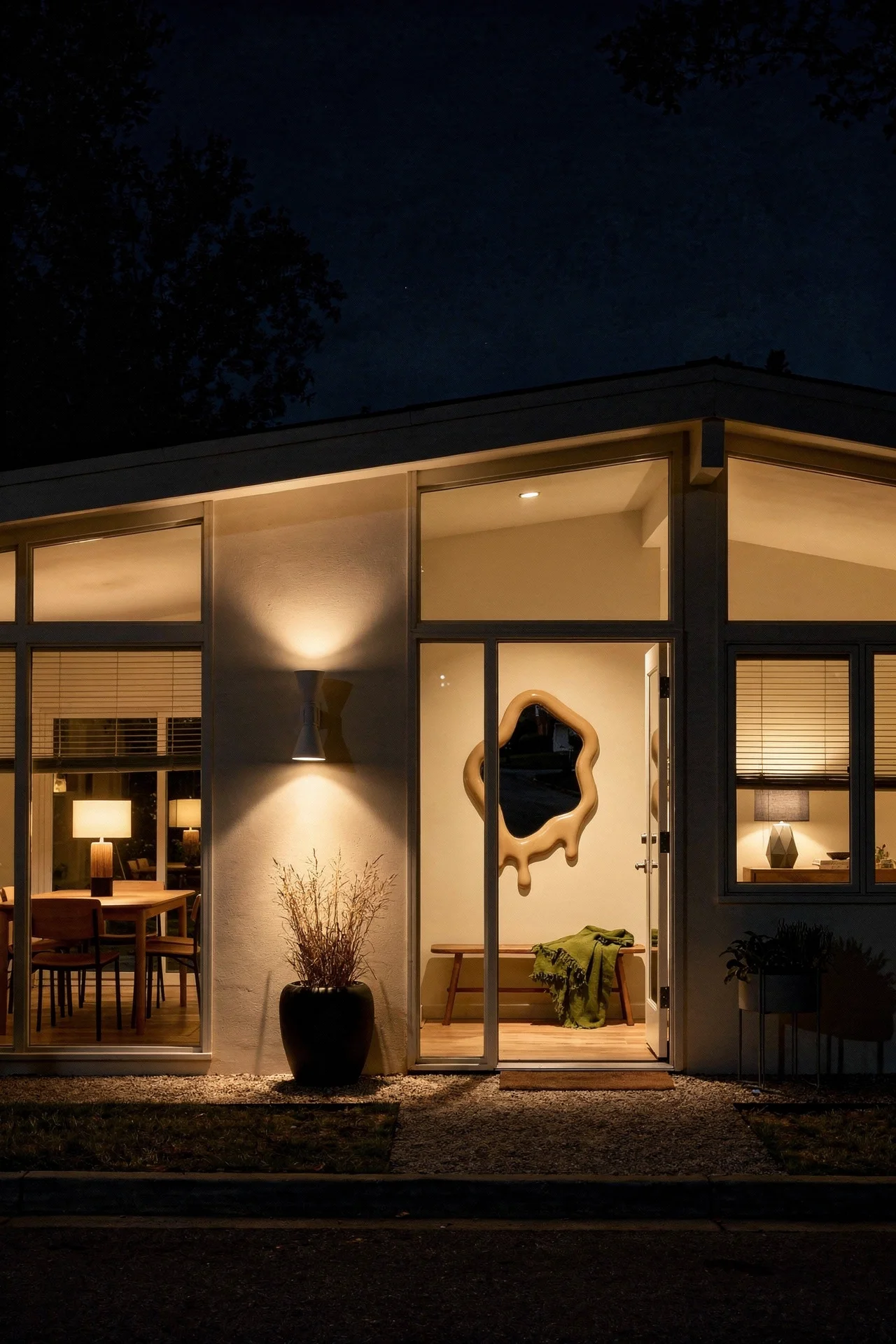 Mid century modern house exterior featuring blow planter with le corbusier sconce and warm interior glow evening mood