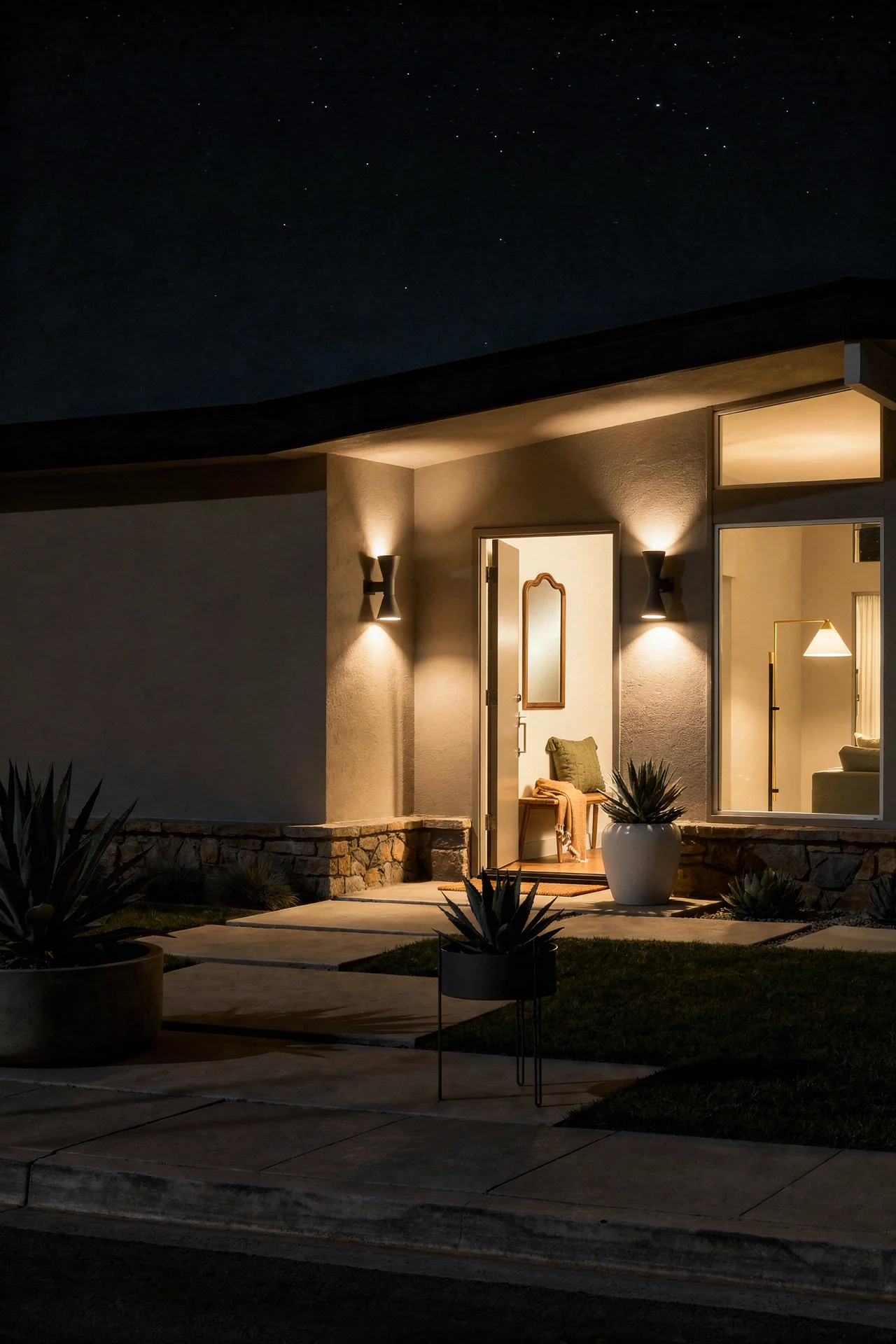 Mid century modern house exterior featuring geometric le corbusier sconce with sculptural blow planter evening mood