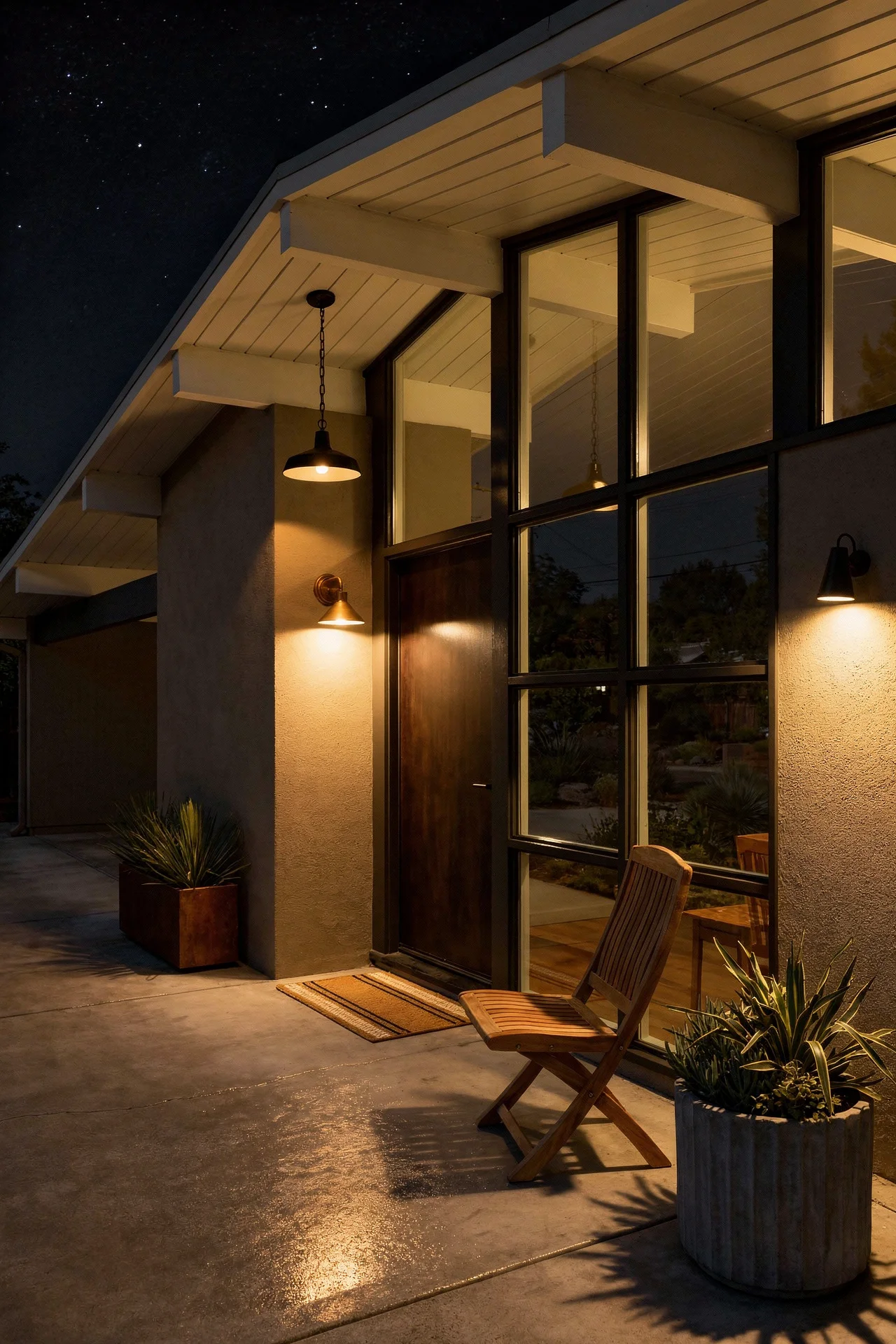 Mid century modern house exterior featuring gray iron planter with brass sconce and teak folding chair evening mood