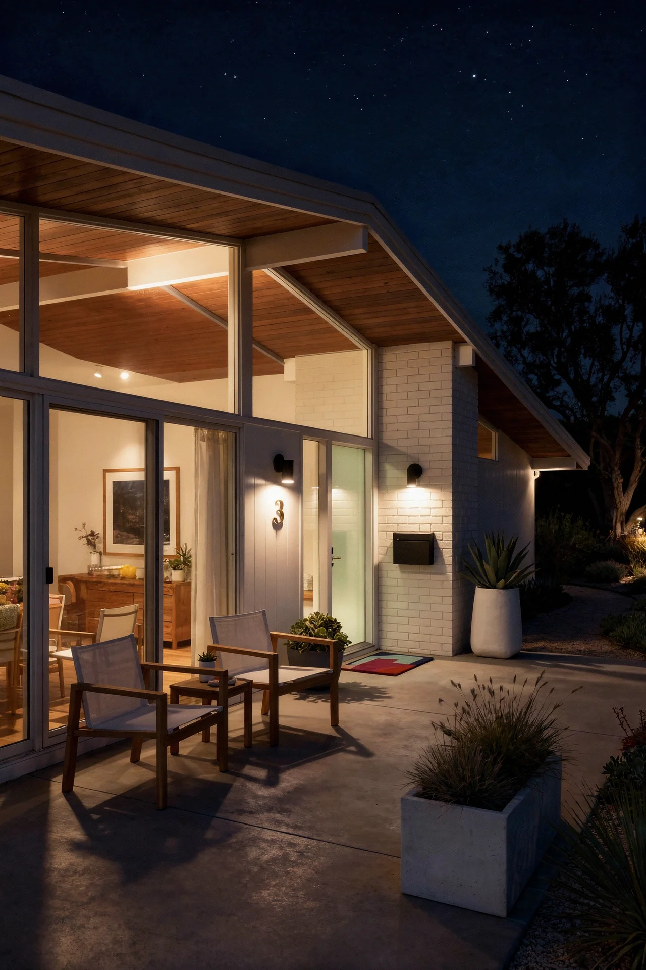 Mid century modern house exterior featuring teak club chair with white resin planter and green accent door evening mood