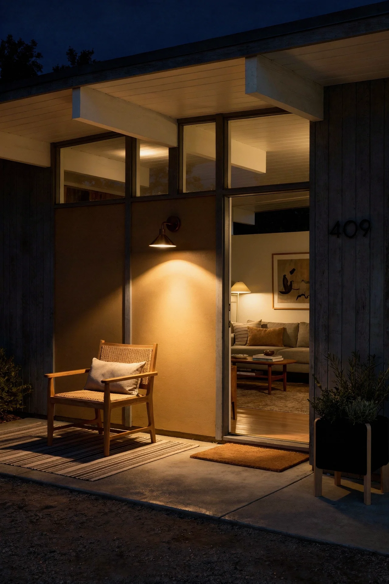 Mid century modern house exterior featuring teak outdoor lounge chair with brass wall sconce and ochre stucco evening mood