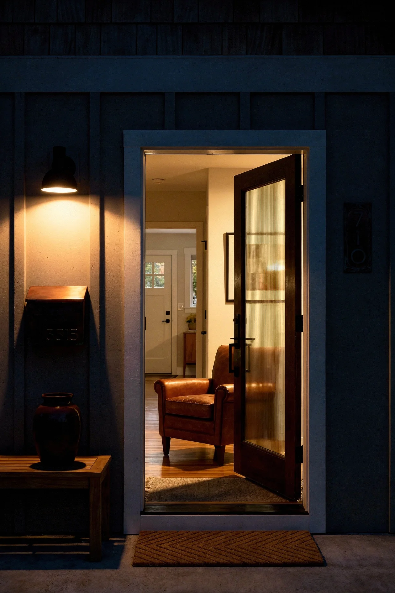 Mid century modern front door featuring copper mailbox with verdigris and leather accent chair through doorway evening mood