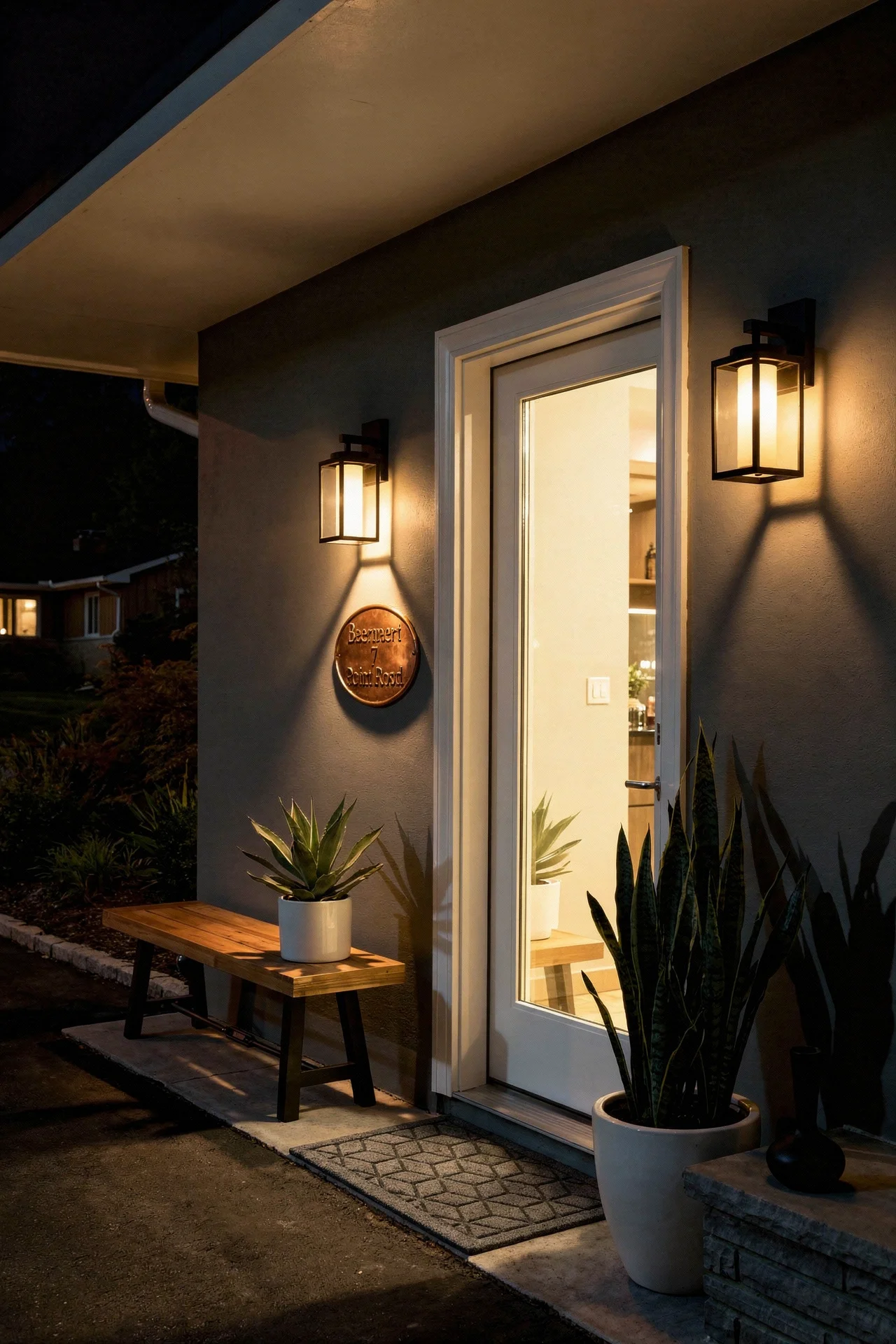 Mid century modern front door featuring hammered copper address plaque with teak dining bench on grey facade evening mood