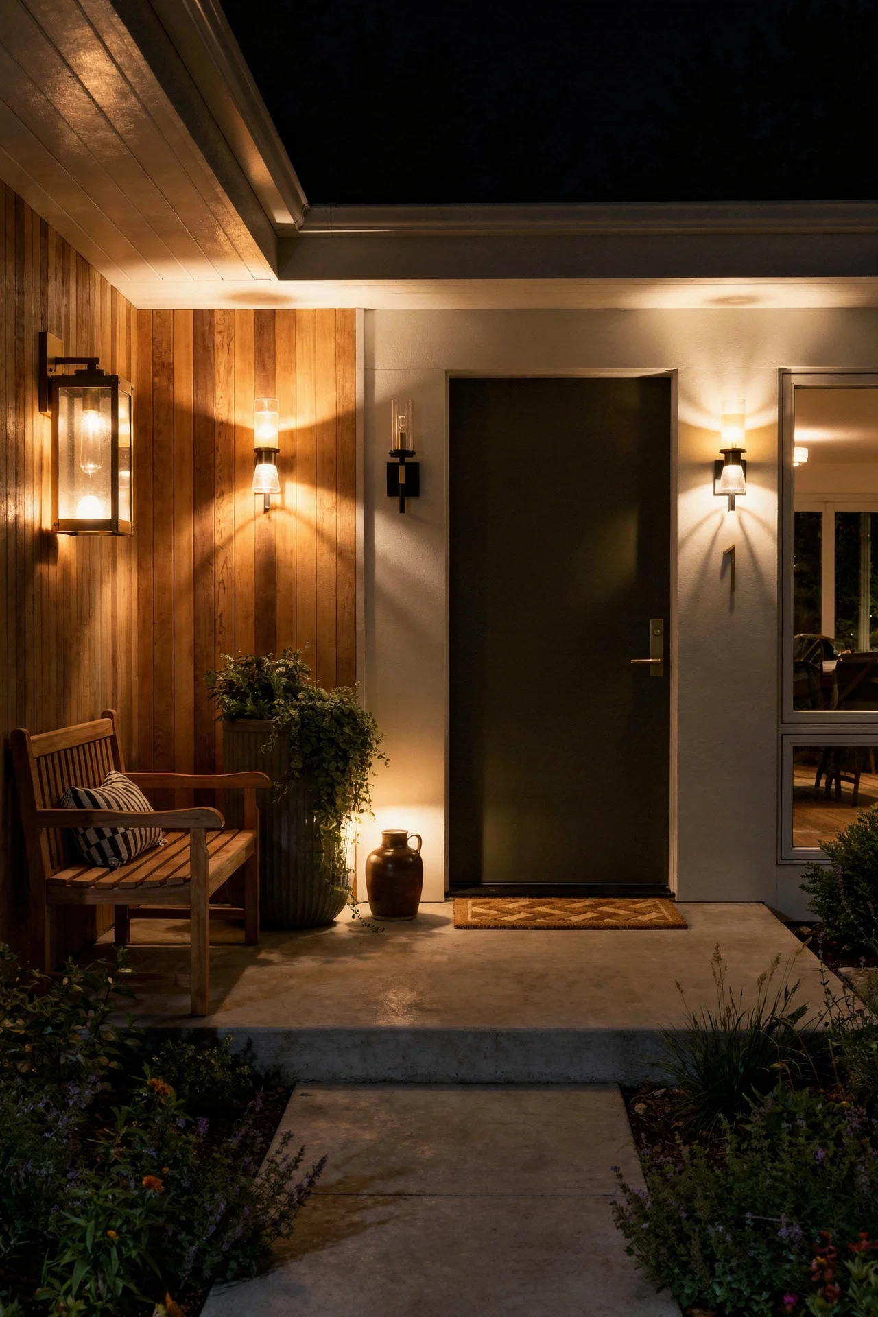 Mid century modern front door featuring teak outdoor bench with brass house numbers and olive green door evening mood