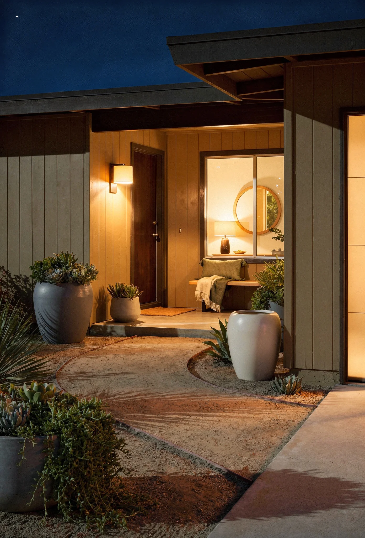 Mid century modern front yard featuring gray iron tackett planter with ivory blow planter on walkway evening mood