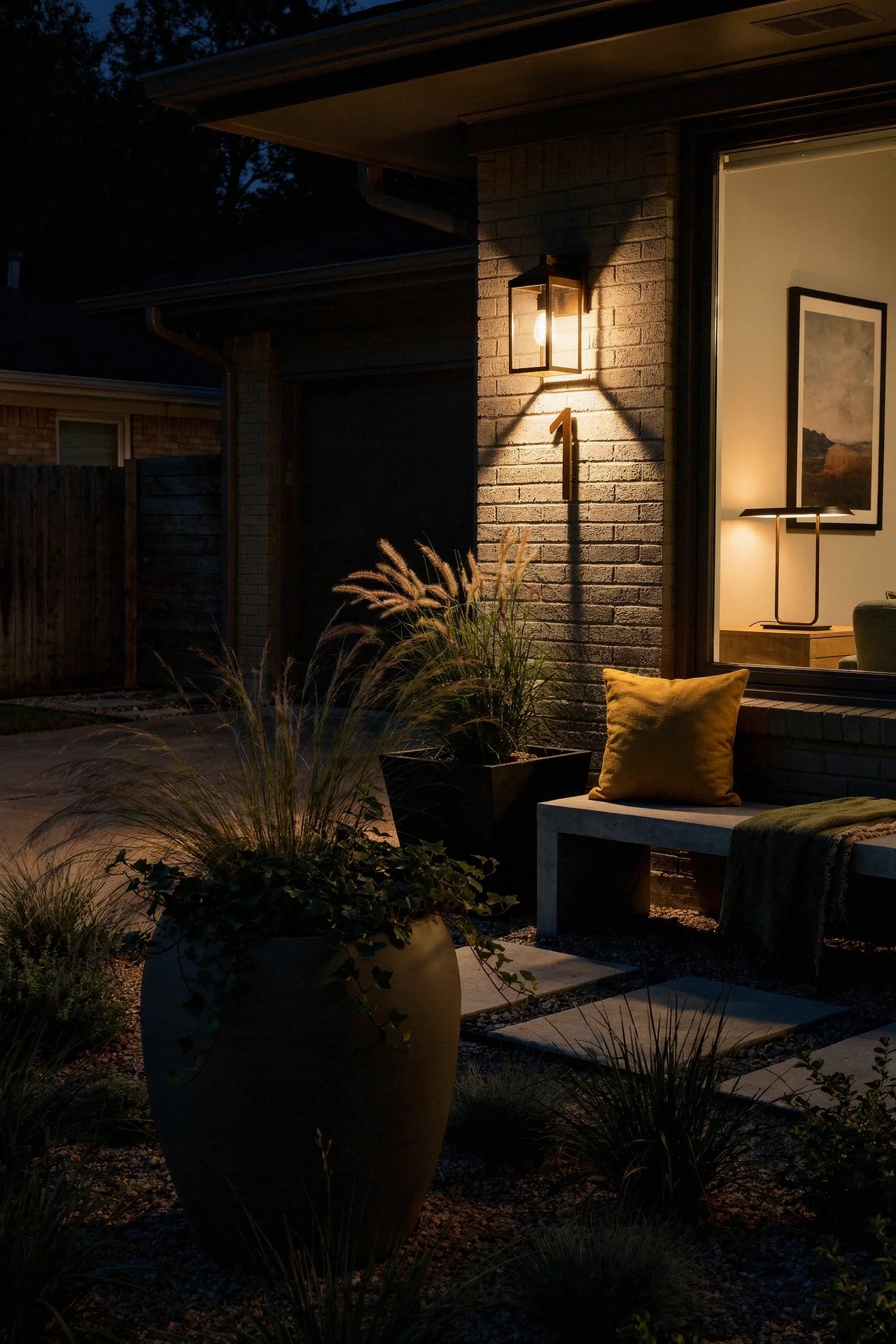 Mid century modern front yard landscaping featuring taupe curved planter with antique brass house numbers evening mood