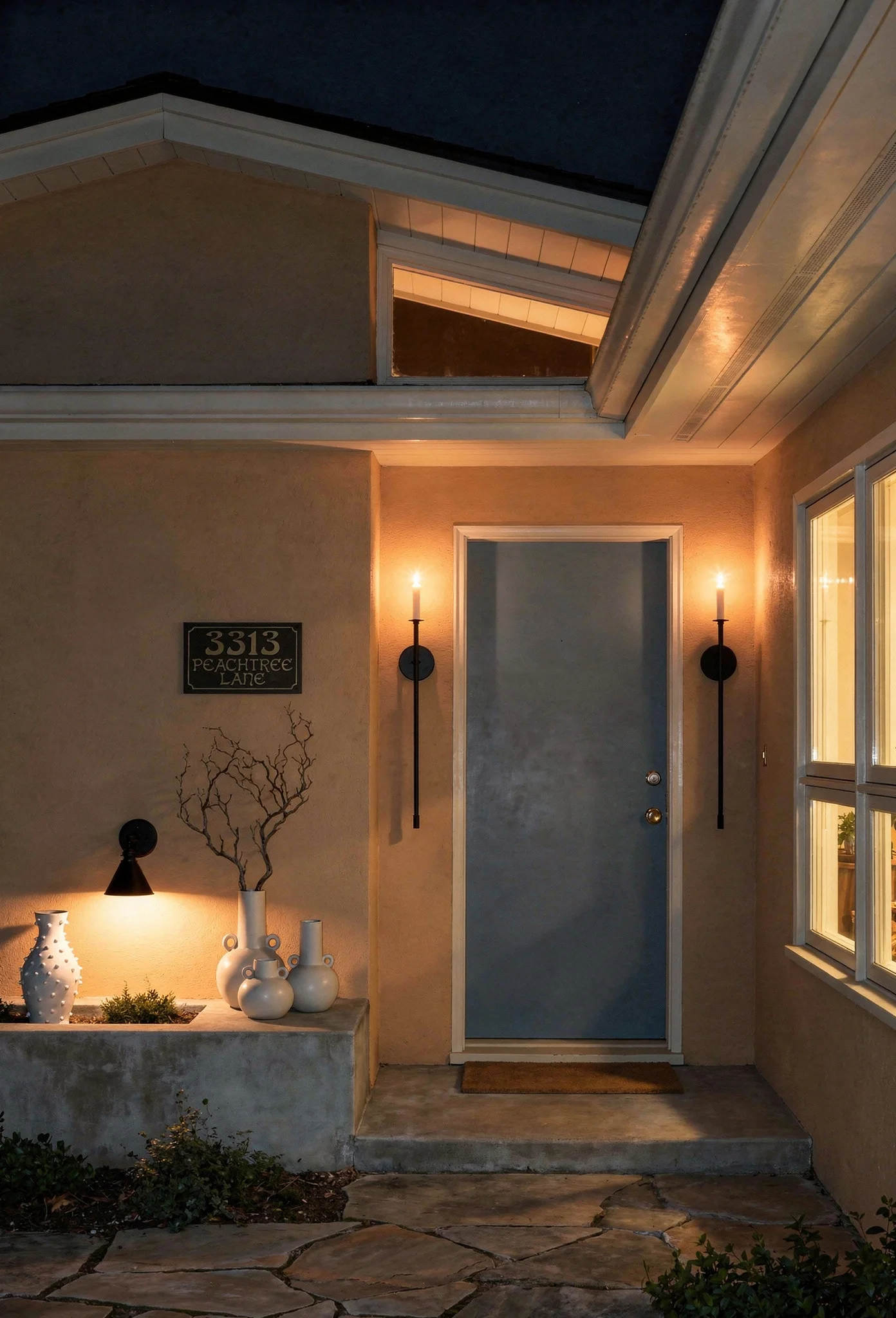 Mid century modern house exterior featuring warm orange yellow walls with denim blue door and iron sconces evening mood