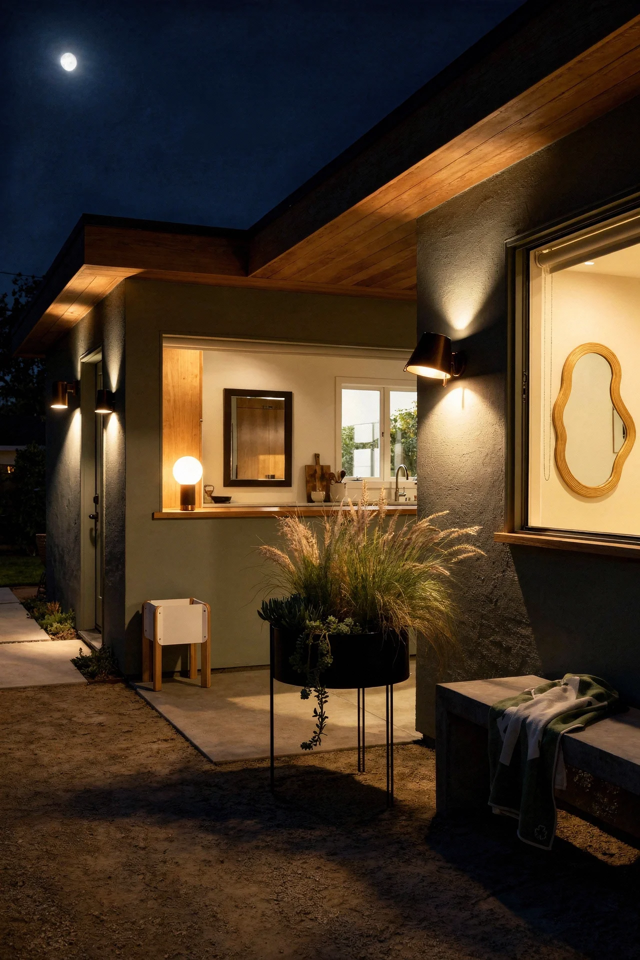 Mid century modern side garden featuring black scandinavian planter with bronze melampo wall light evening mood