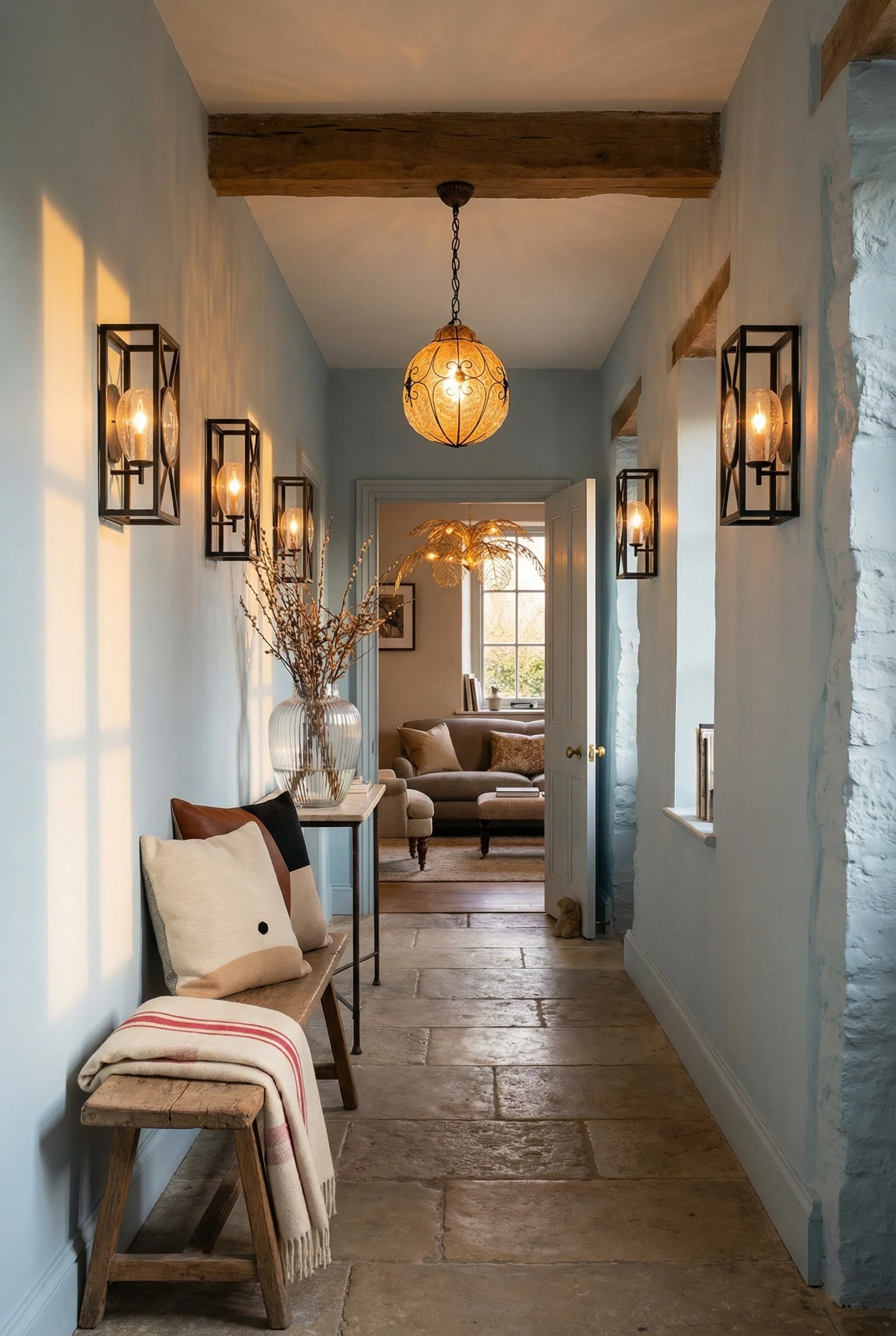 French country cottage hallway featuring black iron wall sconces creating warm light rhythm along stone corridor