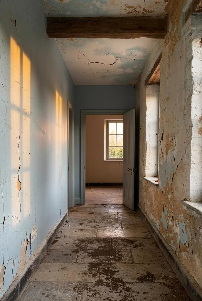 French country cottage hallway featuring black iron wall sconces creating warm light rhythm along stone corridor empty room