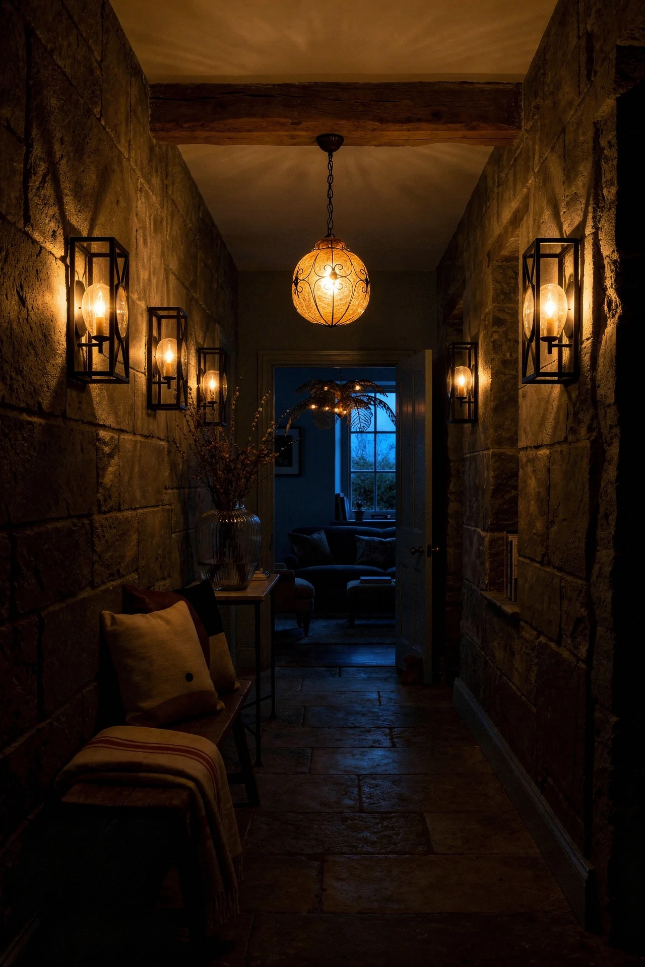 French country cottage hallway featuring black iron wall sconces creating warm light rhythm along stone corridor evening mood