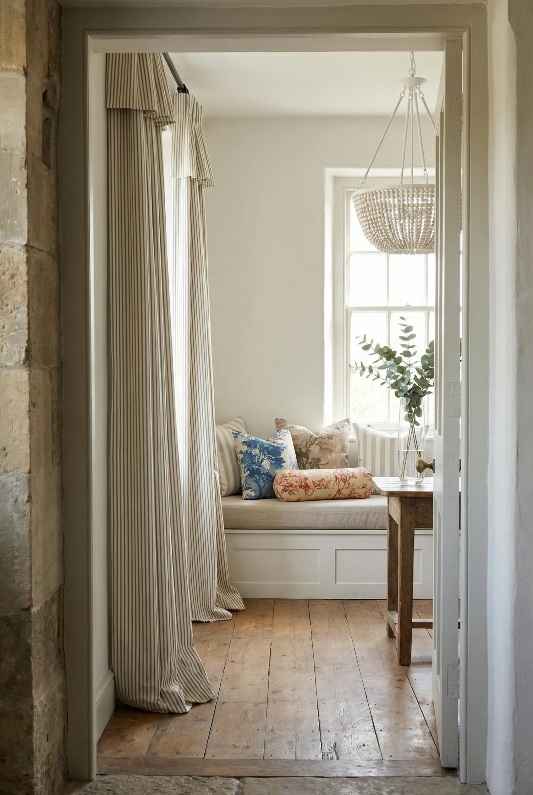 French country decor featuring ticking stripe curtains with toile pillows on cottage window seat