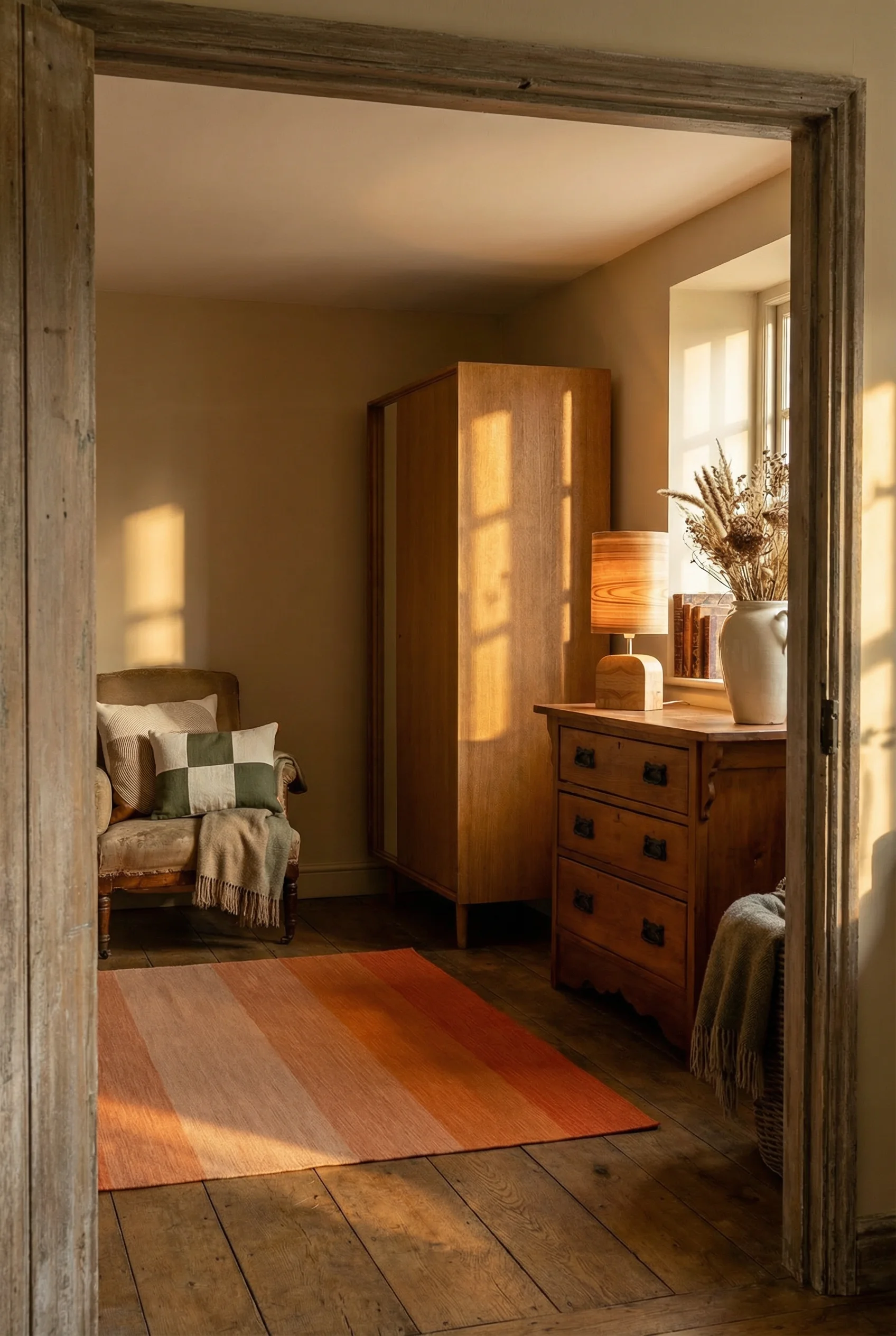 French Country Living Room featuring weathered oak armoire with vintage chest of drawers and striped rug