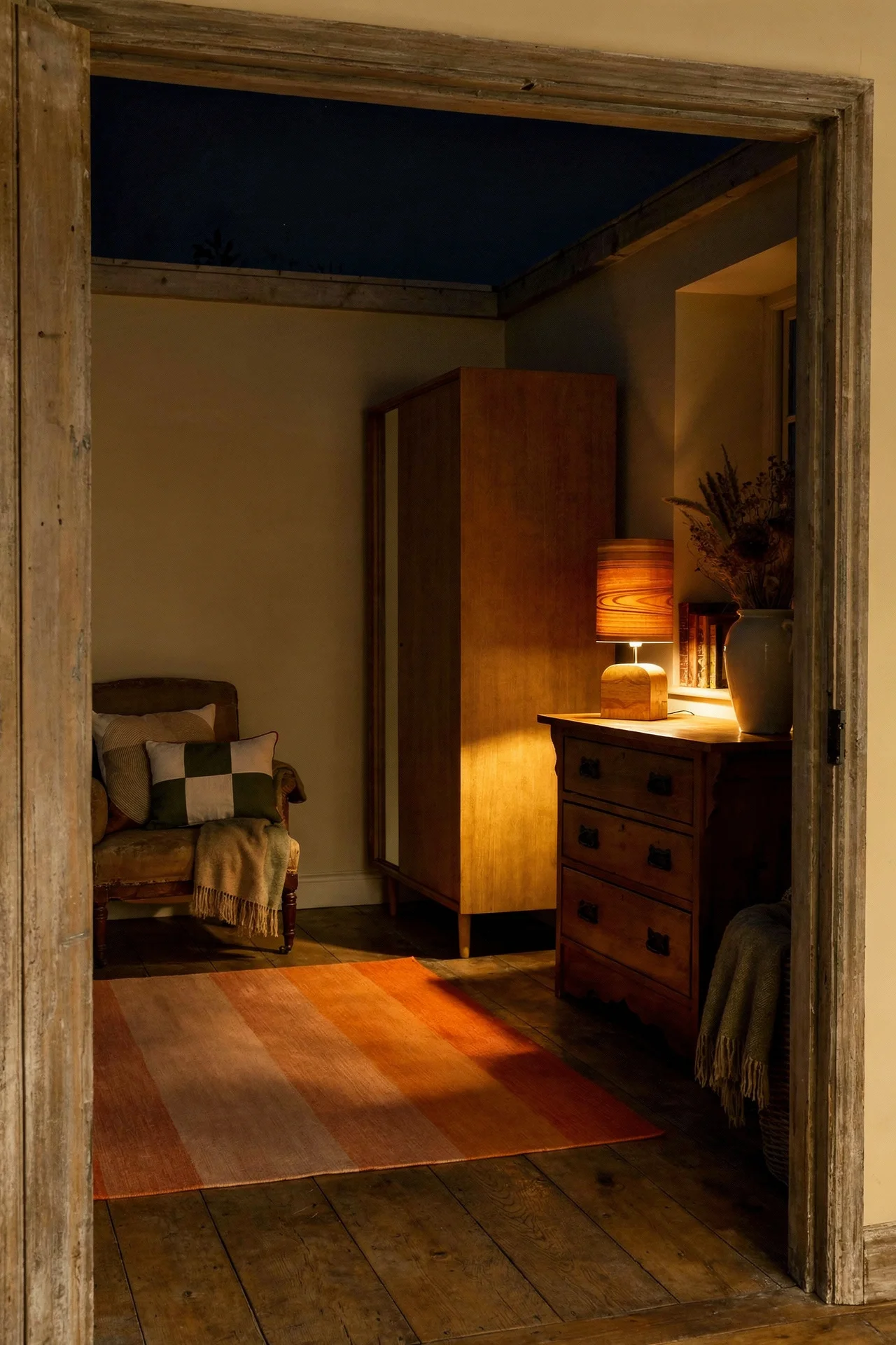 French Country Living Room featuring weathered oak armoire with vintage chest of drawers and striped rug evening mood
