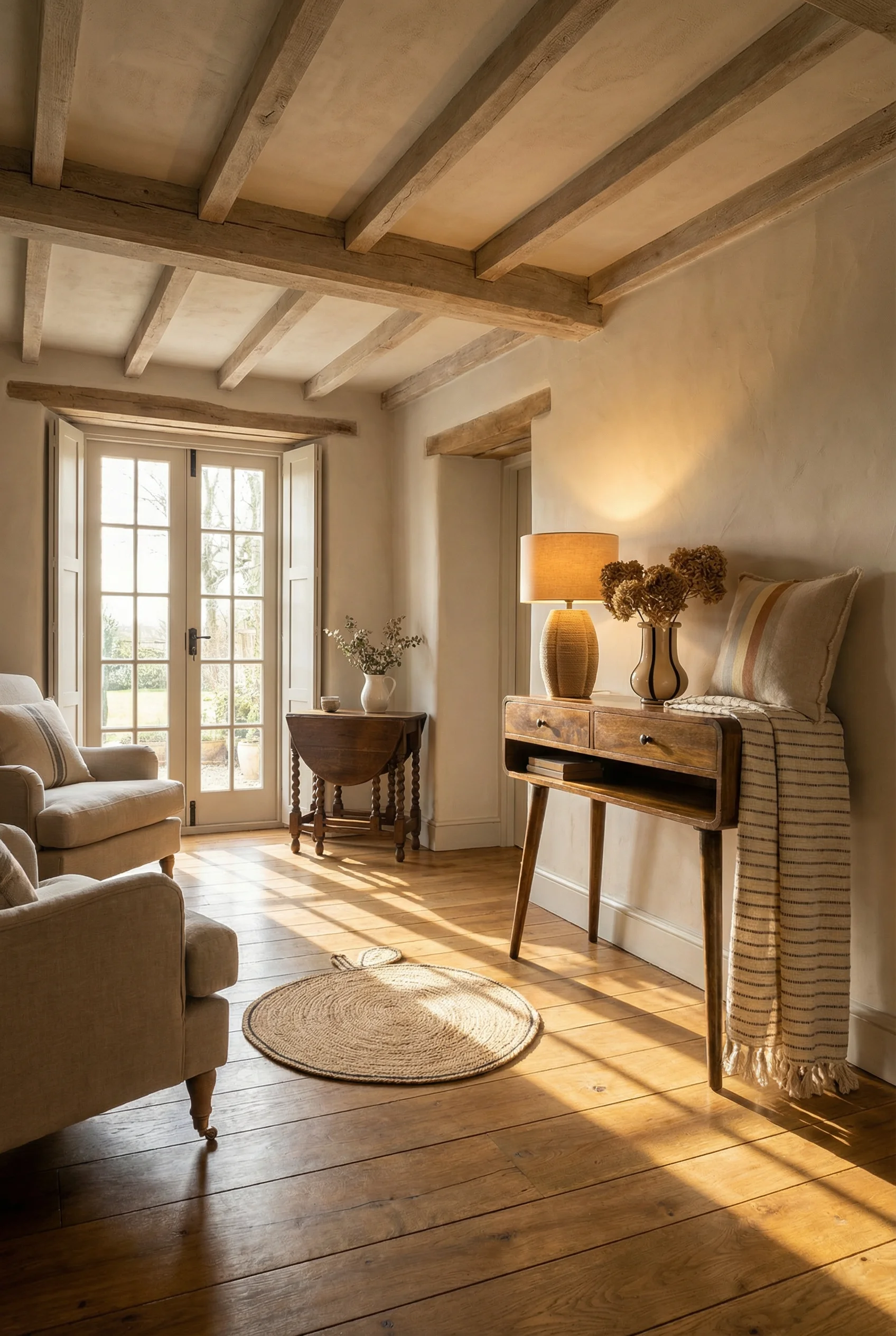 French Country Living Room featuring solid wood console table with exposed oak ceiling beams