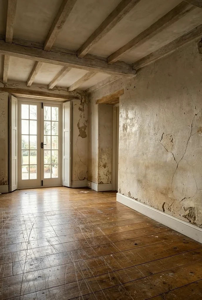 French Country Living Room featuring solid wood console table with exposed oak ceiling beams empty room