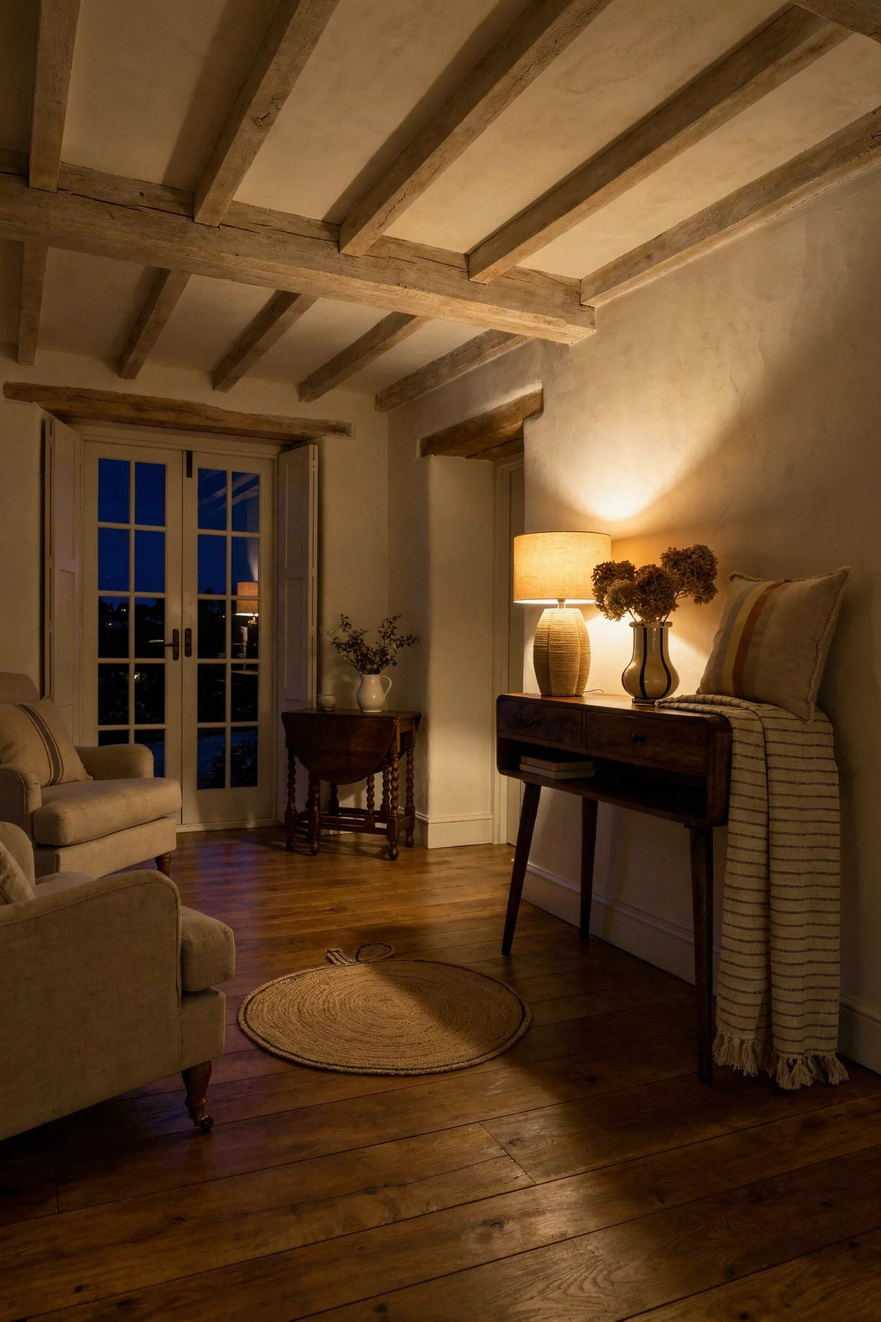 French Country Living Room featuring solid wood console table with exposed oak ceiling beams evening mood