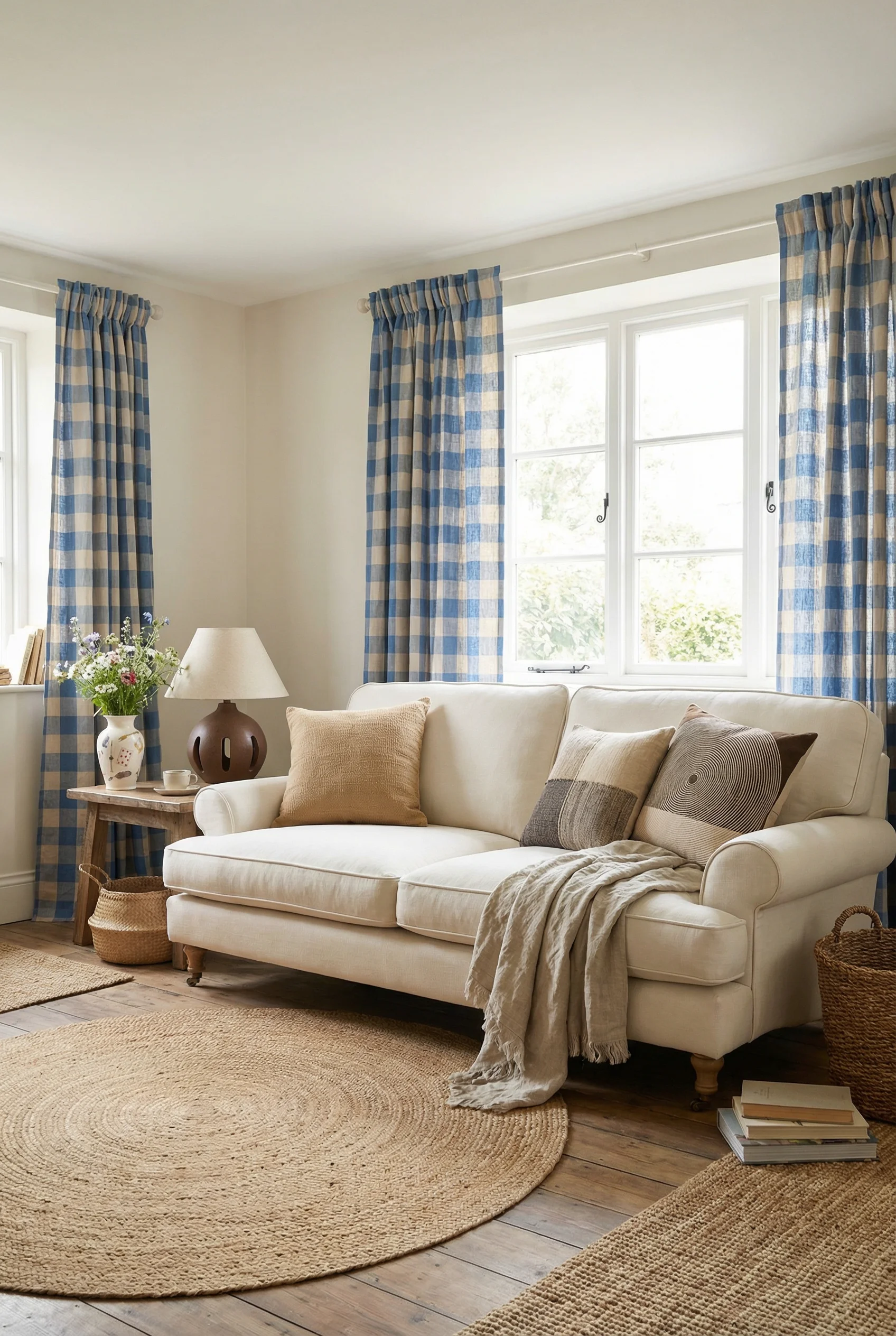 French country textures featuring ivory rolled arm sofa with cornflower blue gingham curtains and braided jute rug