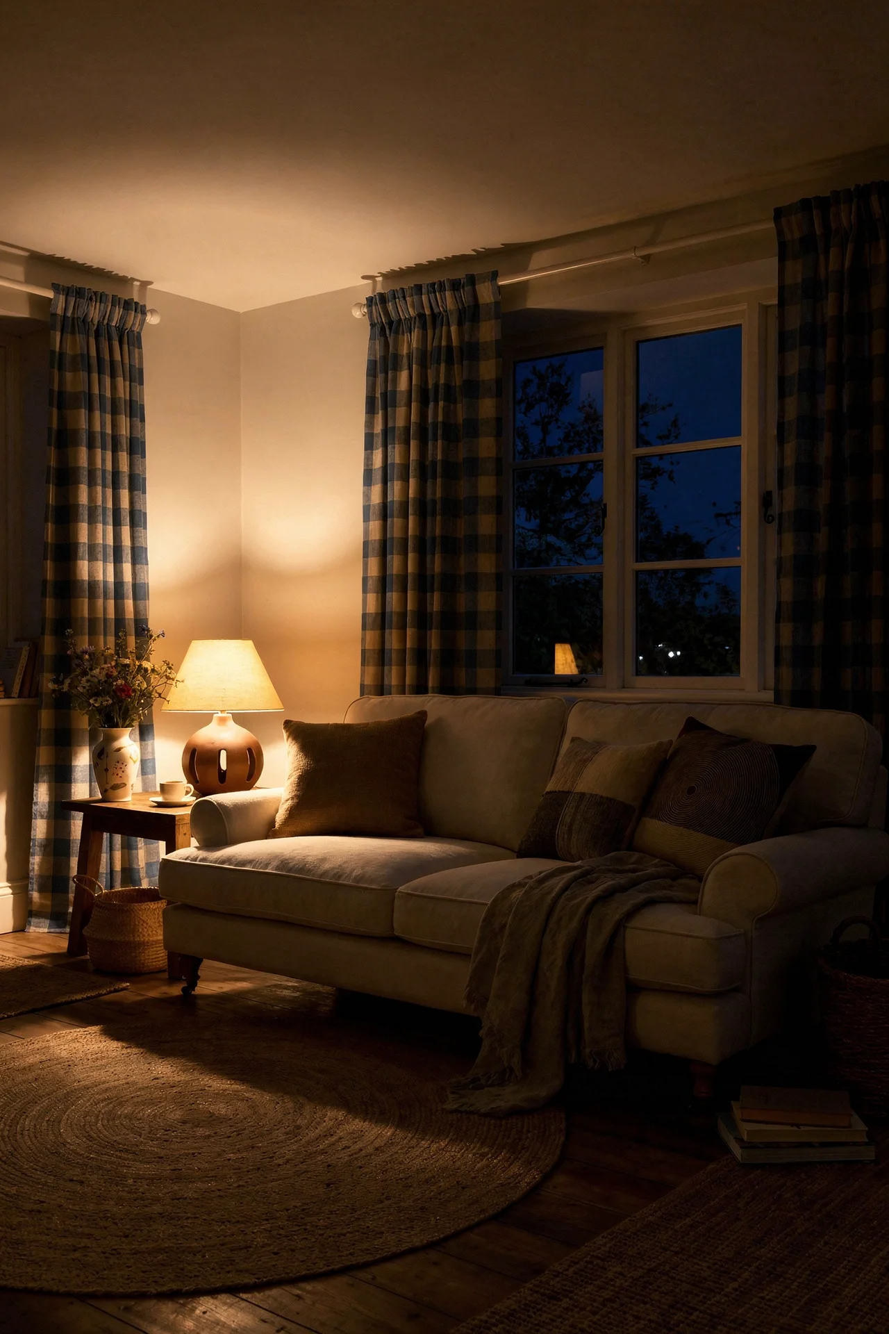 French country textures featuring ivory rolled arm sofa with cornflower blue gingham curtains and braided jute rug evening mood