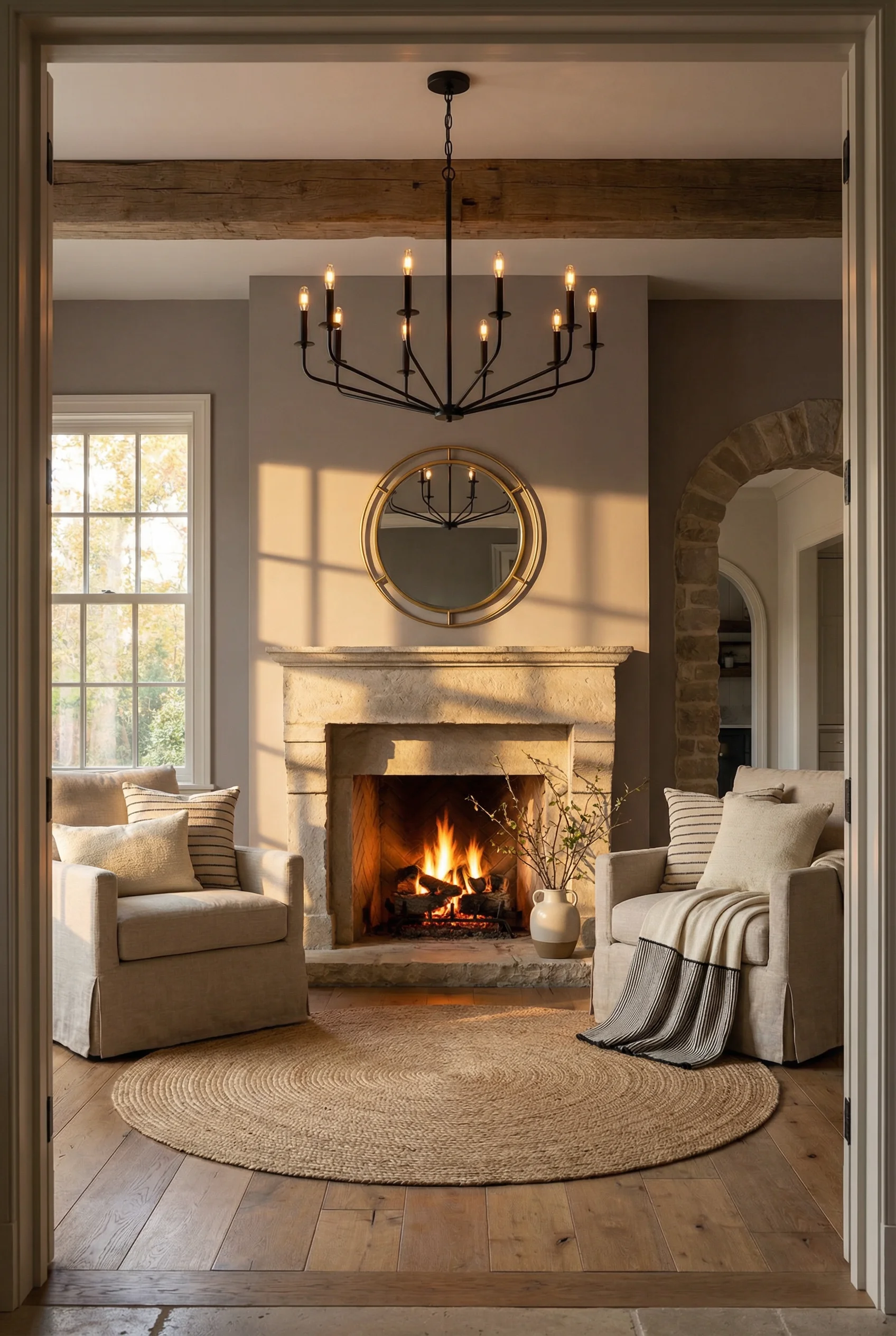 French country fireplace featuring black wrought iron chandelier with round jute rug and stone hearth