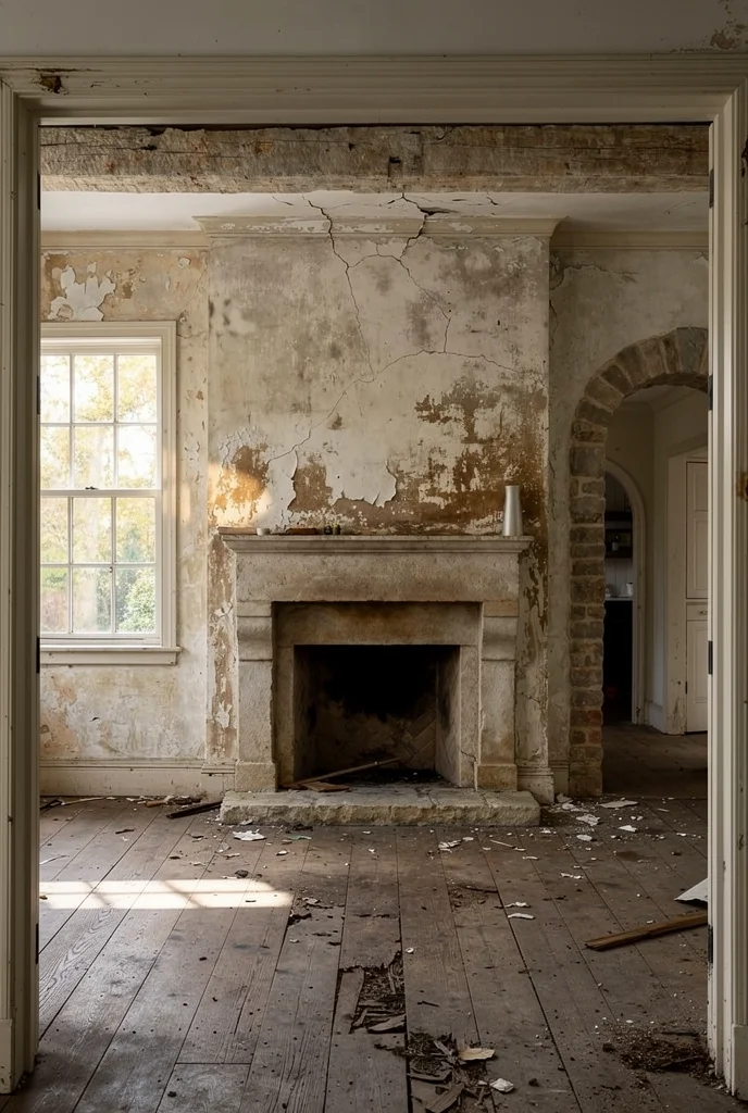 French country fireplace featuring black wrought iron chandelier with round jute rug and stone hearth empty room