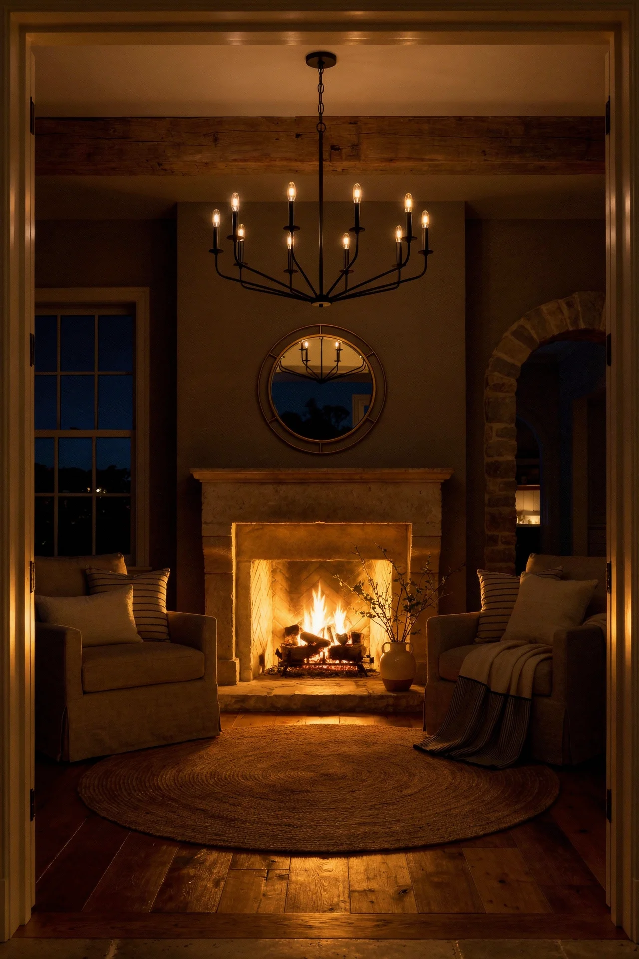 French country fireplace featuring black wrought iron chandelier with round jute rug and stone hearth evening mood