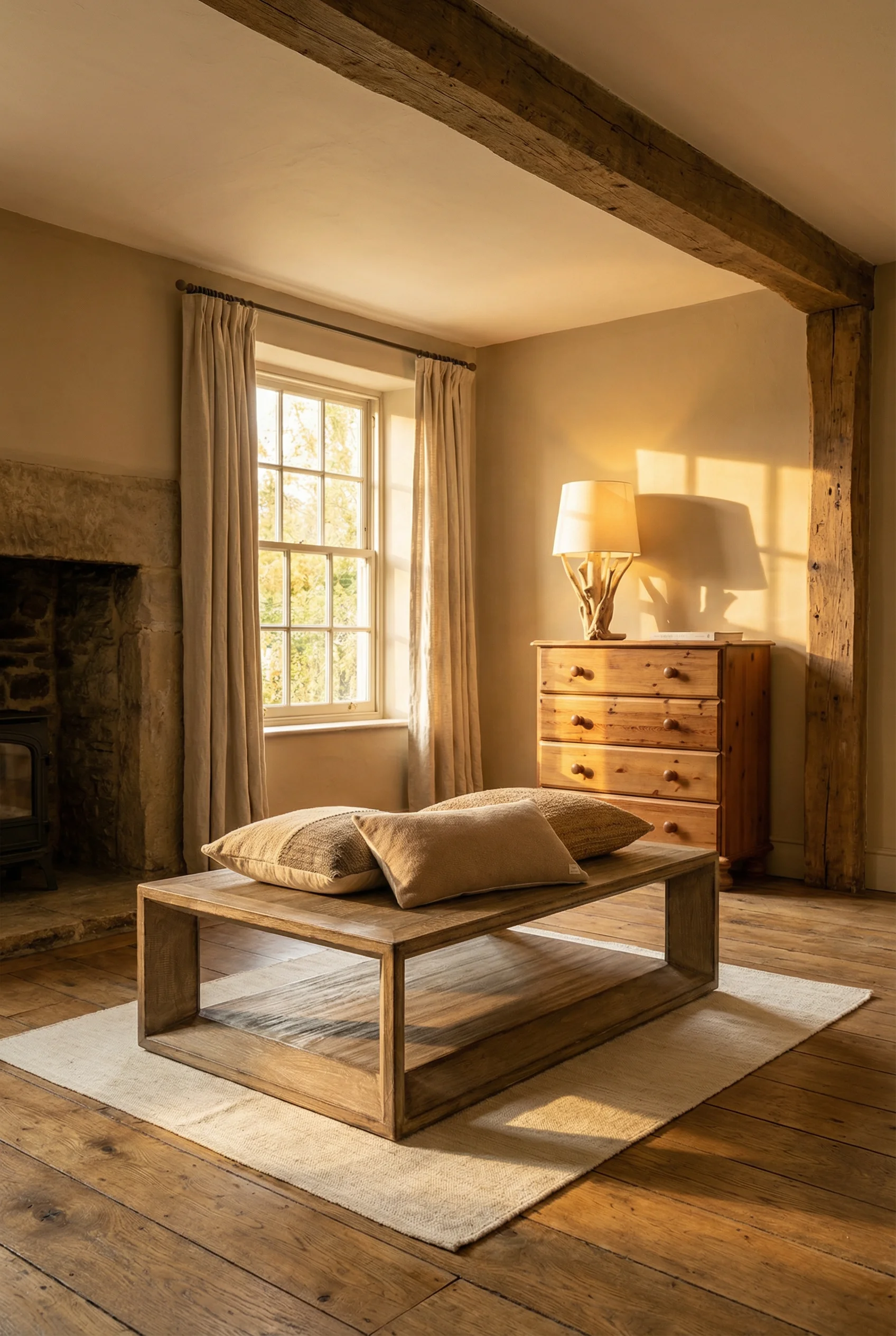 French country cottage living room featuring reclaimed pine coffee table with vintage chest of drawers and driftwood lamp