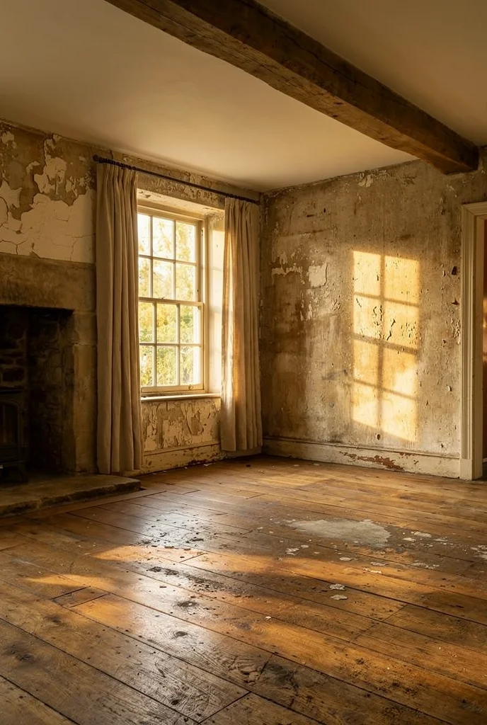 French country cottage living room featuring reclaimed pine coffee table with vintage chest of drawers and driftwood lamp empty room