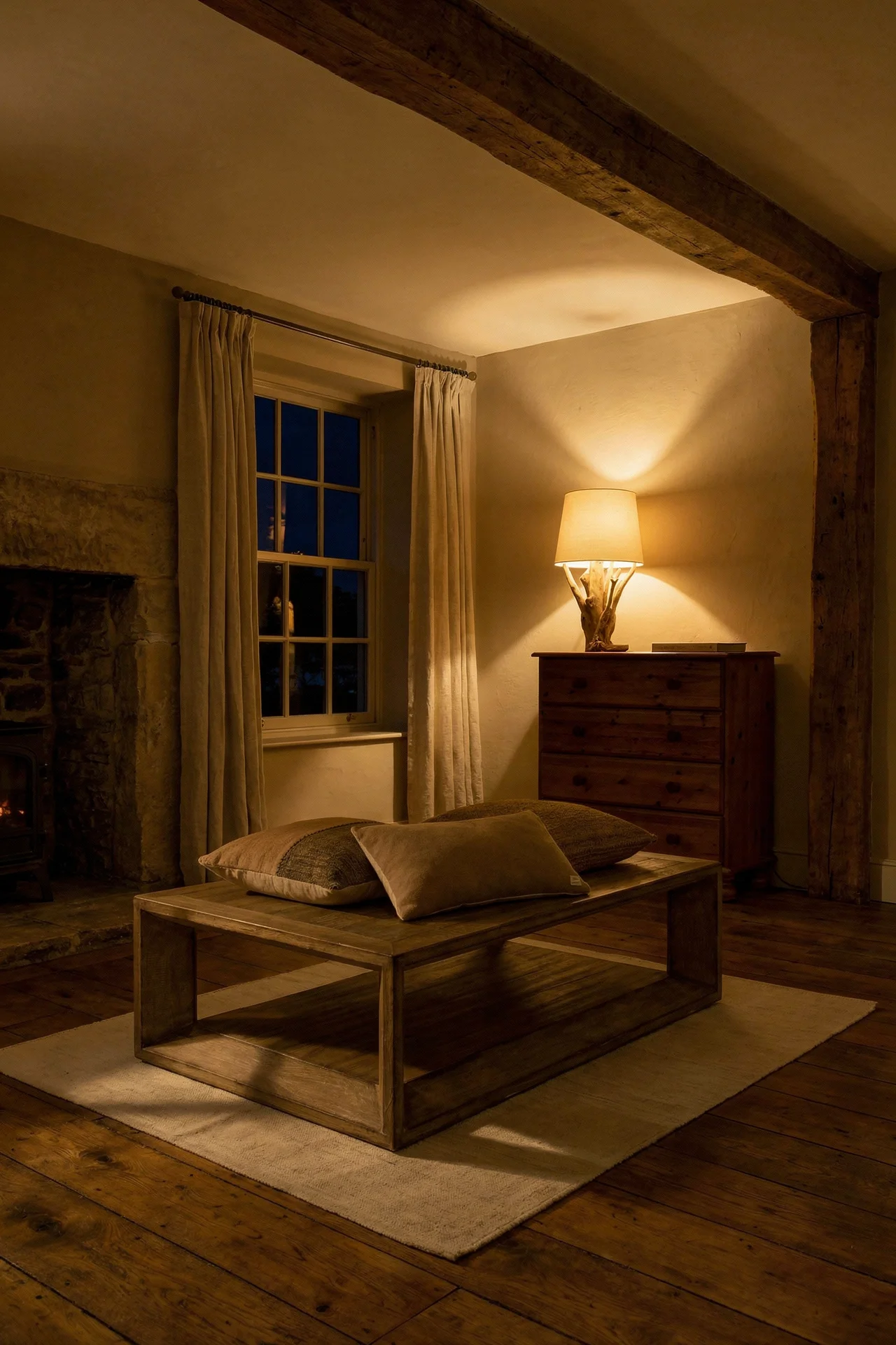 French country cottage living room featuring reclaimed pine coffee table with vintage chest of drawers and driftwood lamp evening mood
