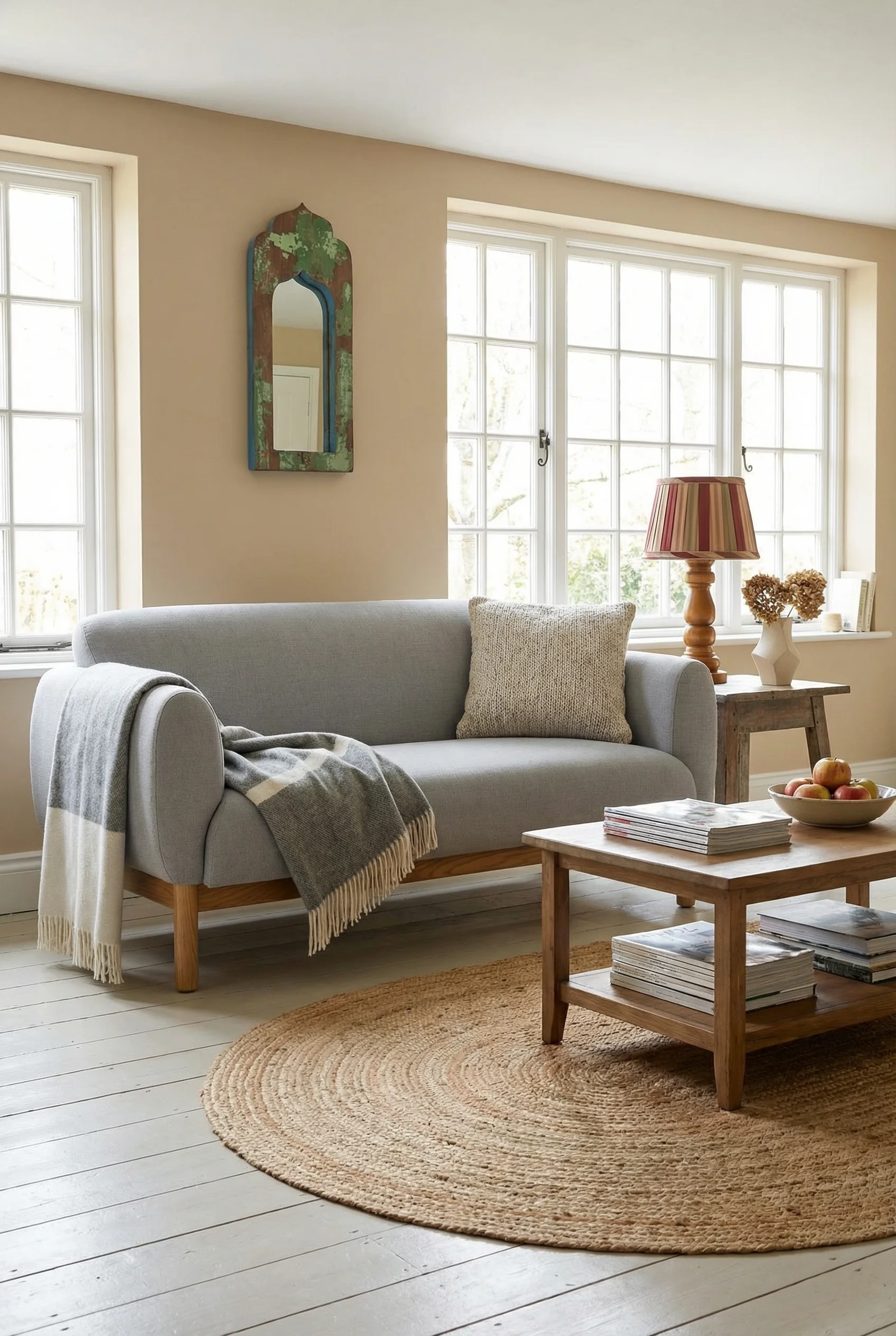 French Country Living Room featuring gray linen two seater sofa with oval jute rug and warm buff walls