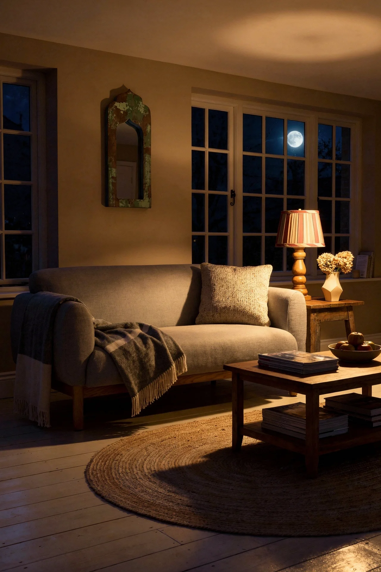 French Country Living Room featuring gray linen two seater sofa with oval jute rug and warm buff walls evening mood