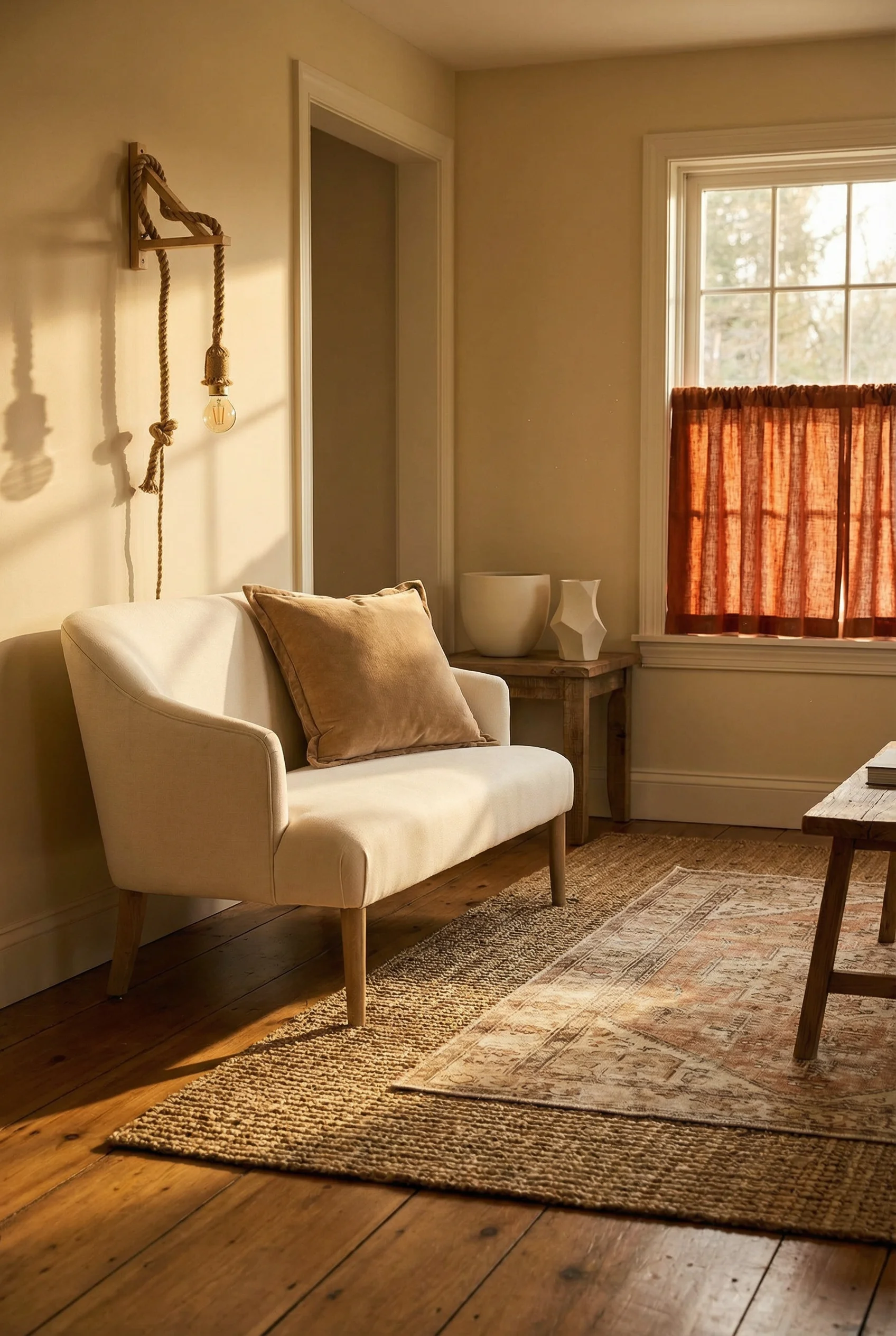 French country textures featuring ivory sofa with braided jute rug and burnt orange cafe curtains