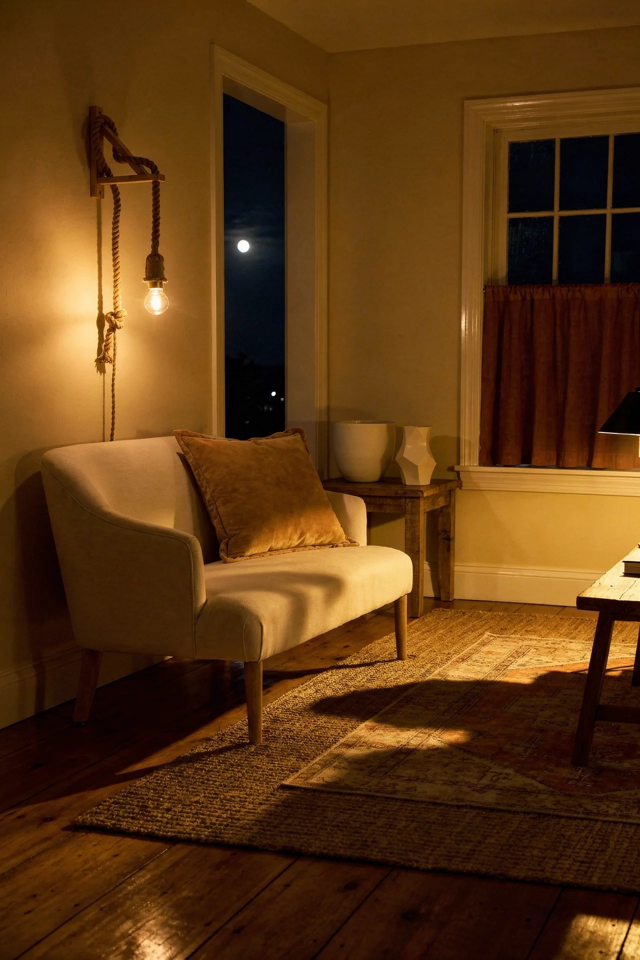French country textures featuring ivory sofa with braided jute rug and burnt orange cafe curtains evening mood