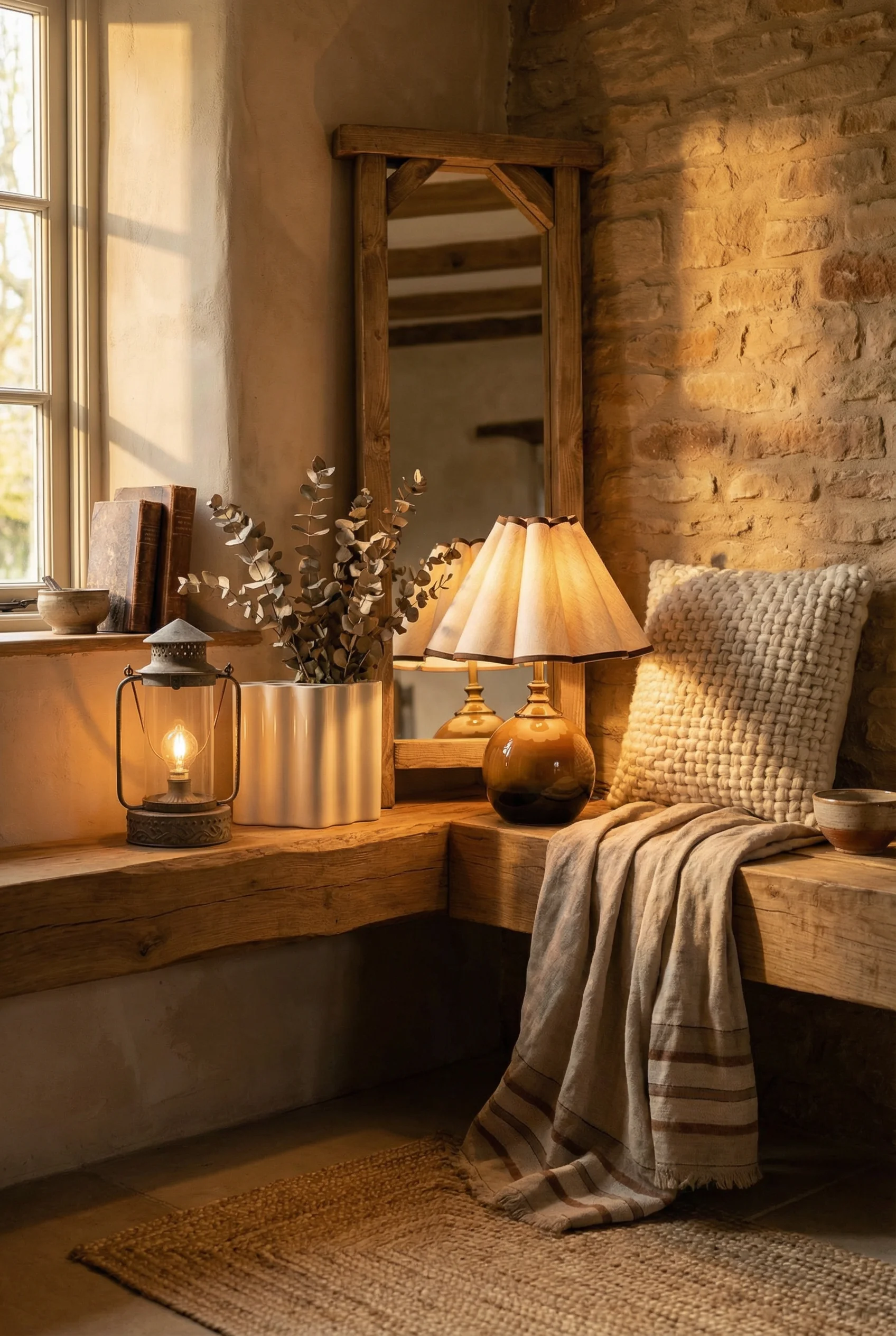 French country fireplace featuring rustic oak mirror with ceramic lamp and iron lantern on beam mantel