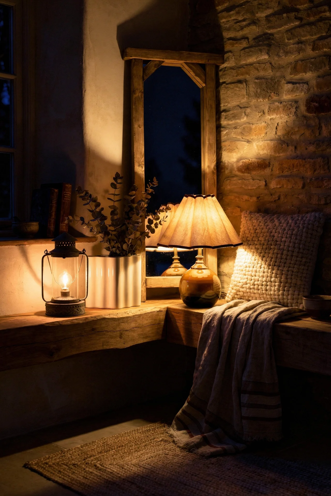 French country fireplace featuring rustic oak mirror with ceramic lamp and iron lantern on beam mantel evening mood