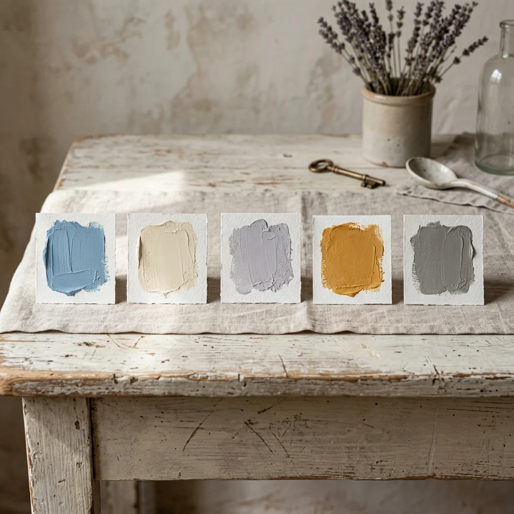 French Country Living Room color palette featuring Lulworth Blue cream lavender gold and gray