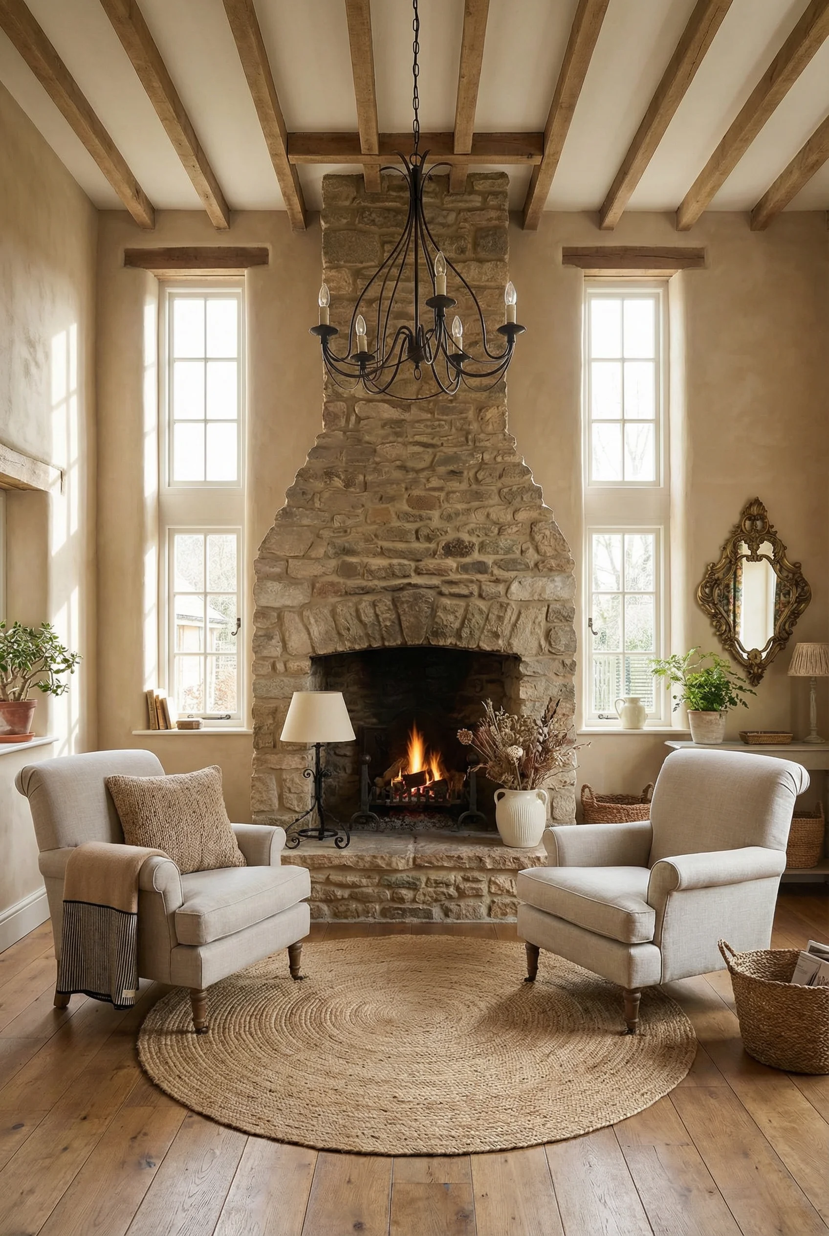 French Country Living Room featuring round braided jute rug with wrought iron candle chandelier over stone fireplace