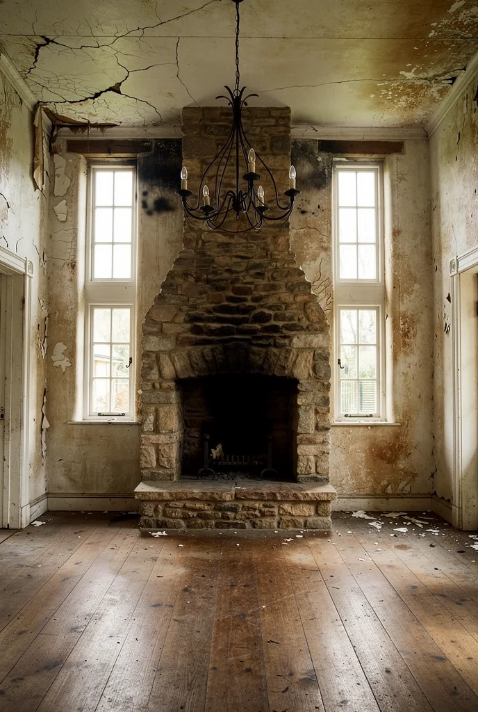 French Country Living Room featuring round braided jute rug with wrought iron candle chandelier over stone fireplace empty room