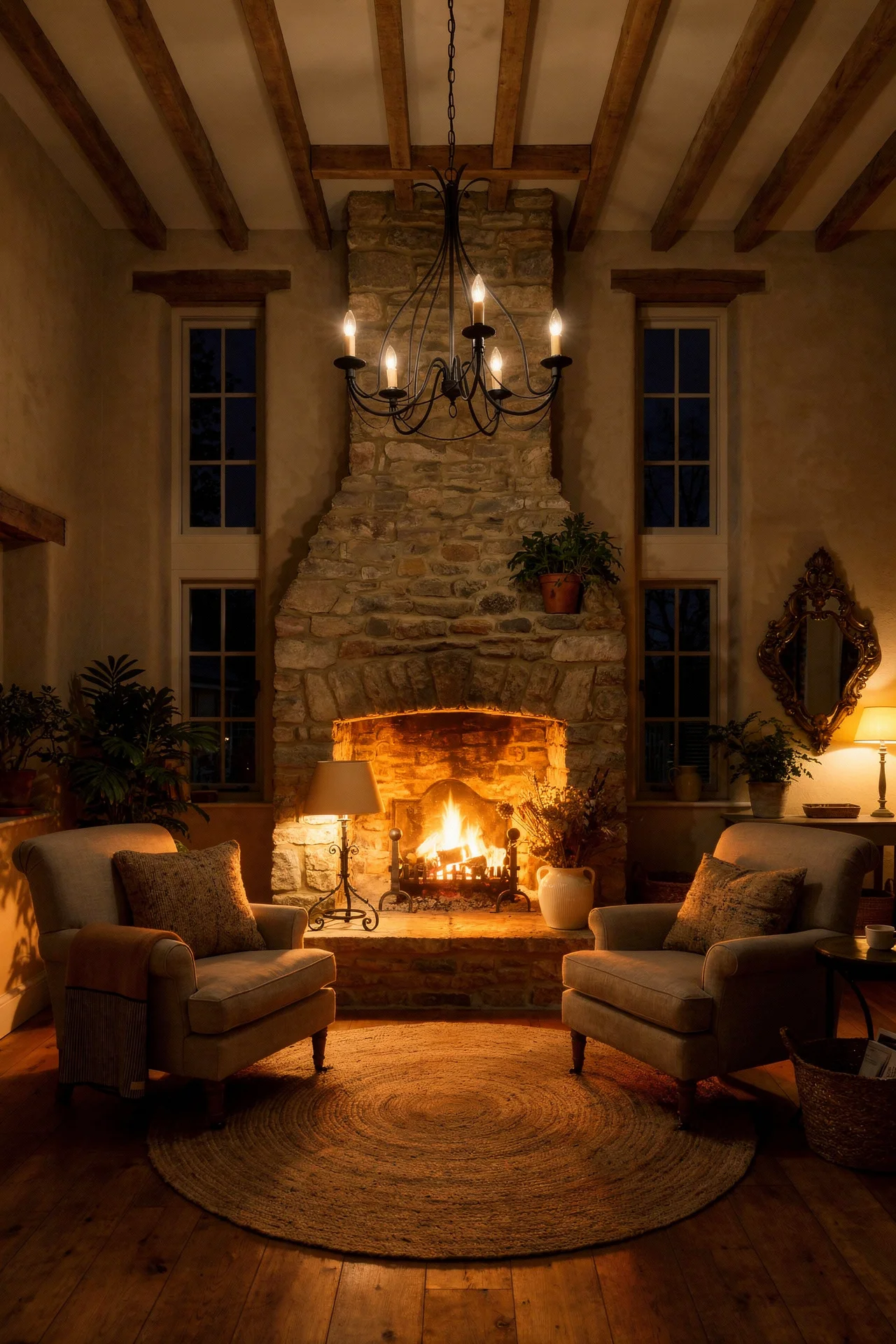 French Country Living Room featuring round braided jute rug with wrought iron candle chandelier over stone fireplace evening mood